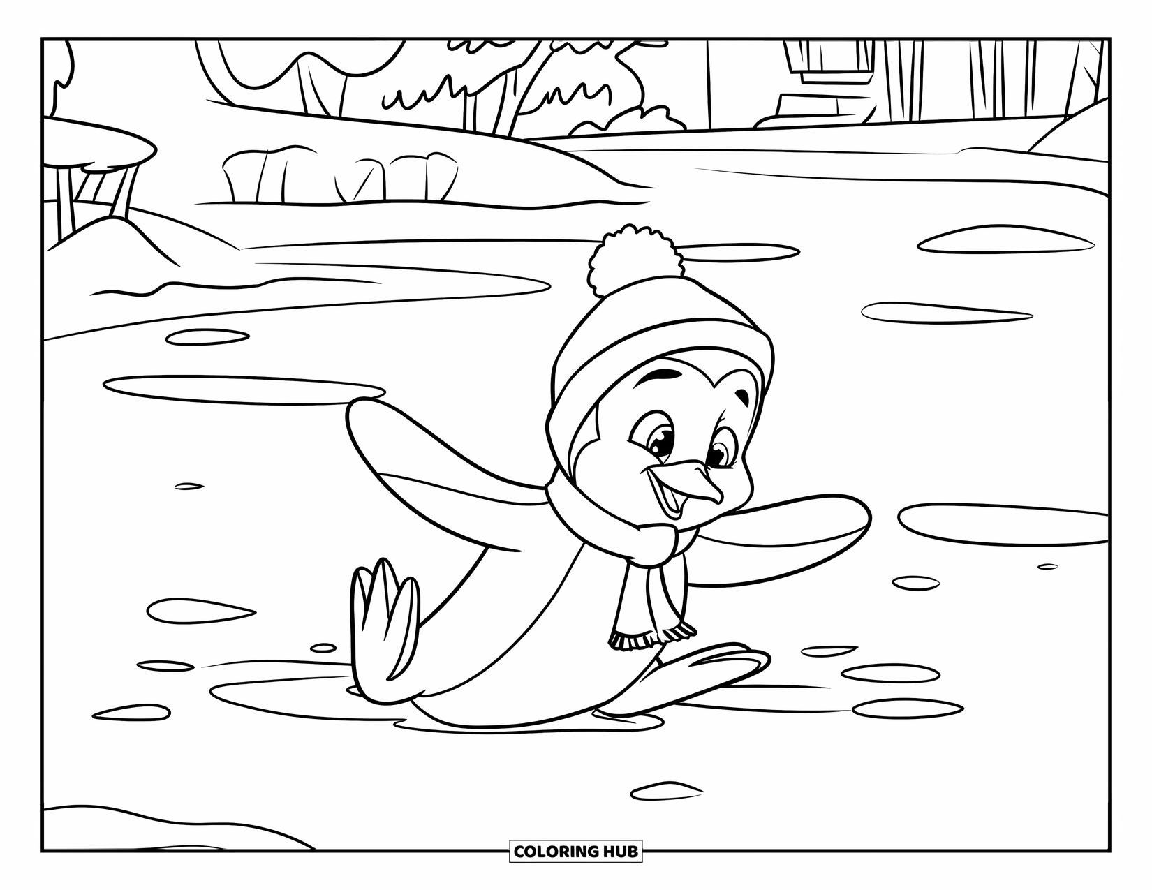 Disegno di un pinguino da colorare per bambini: Un pinguino con una sciarpa fa un angelo di neve su un lago ghiacciato