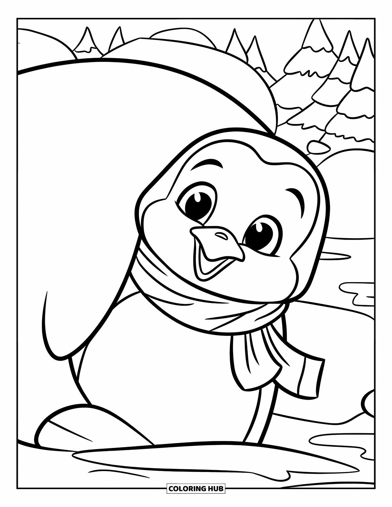 Disegno di un pinguino da colorare per bambini: Un pinguino con una sciarpa si nasconde giocosamente dietro una gigantesca palla di neve con alberi sullo sfondo