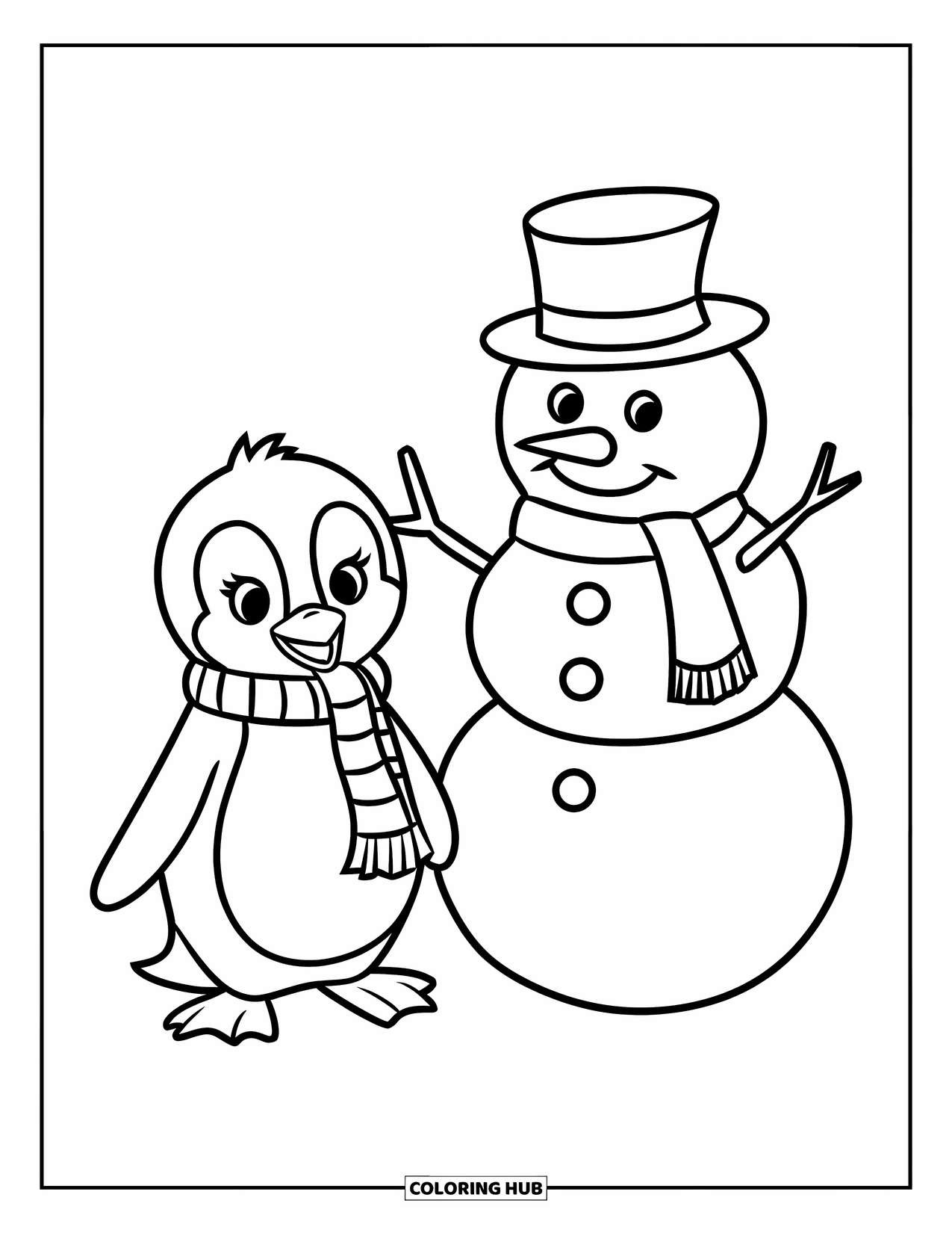 Disegno di un pinguino da colorare per bambini: Un pinguino con una sciarpa si trova accanto a un pupazzo di neve amichevole in un ambiente innevato