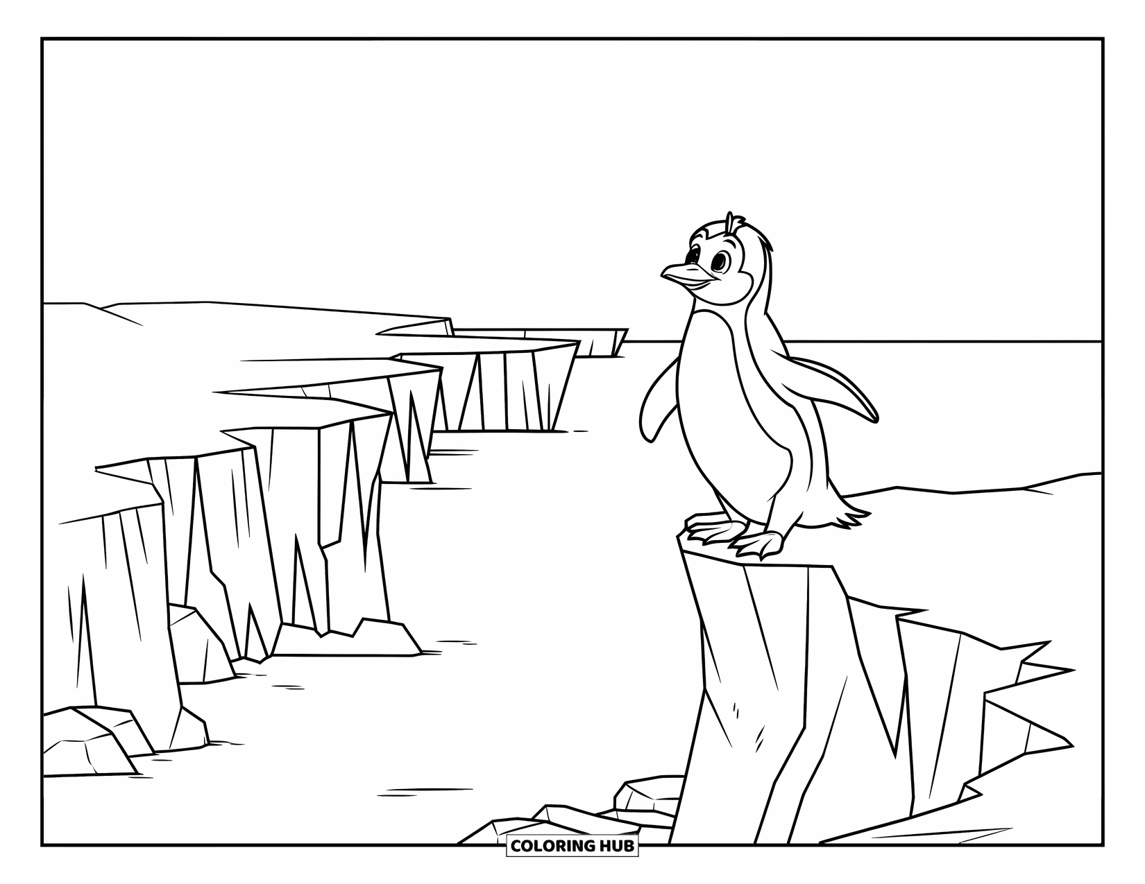 Disegno di un pinguino da colorare per bambini: Un pinguino con un piccolo cappello si erge in cima a una scogliera, affacciato su acque ghiacciate e imponenti scogliere