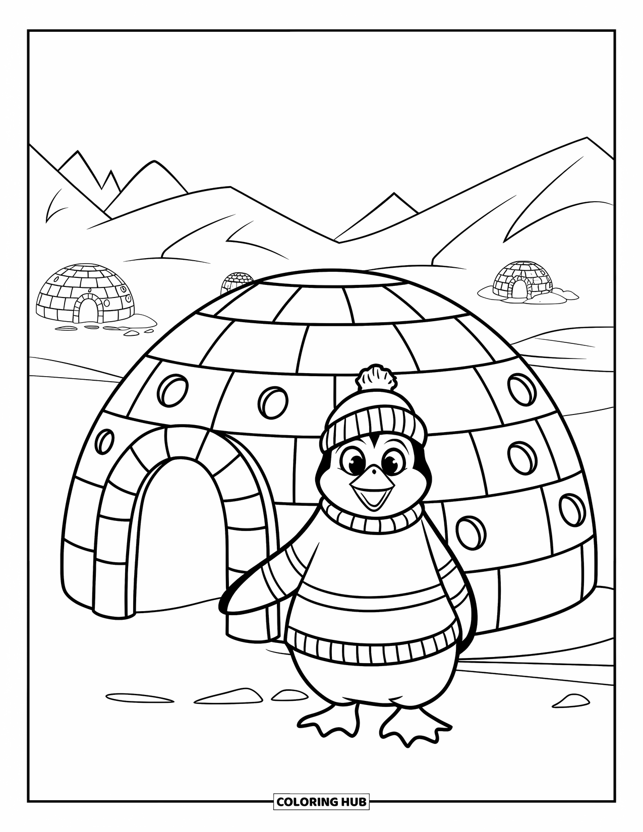 Disegno di un pinguino da colorare per bambini: Un pinguino con un maglione a righe e un cappello blu si trova vicino a un villaggio di igloo