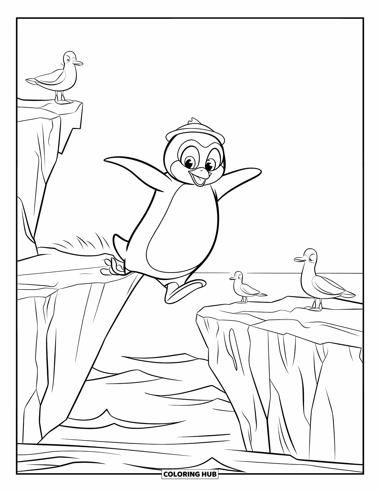 Disegno di un pinguino da colorare per bambini: Un pinguino con un piccolo cappello salta tra due iceberg con gabbiani nelle vicinanze