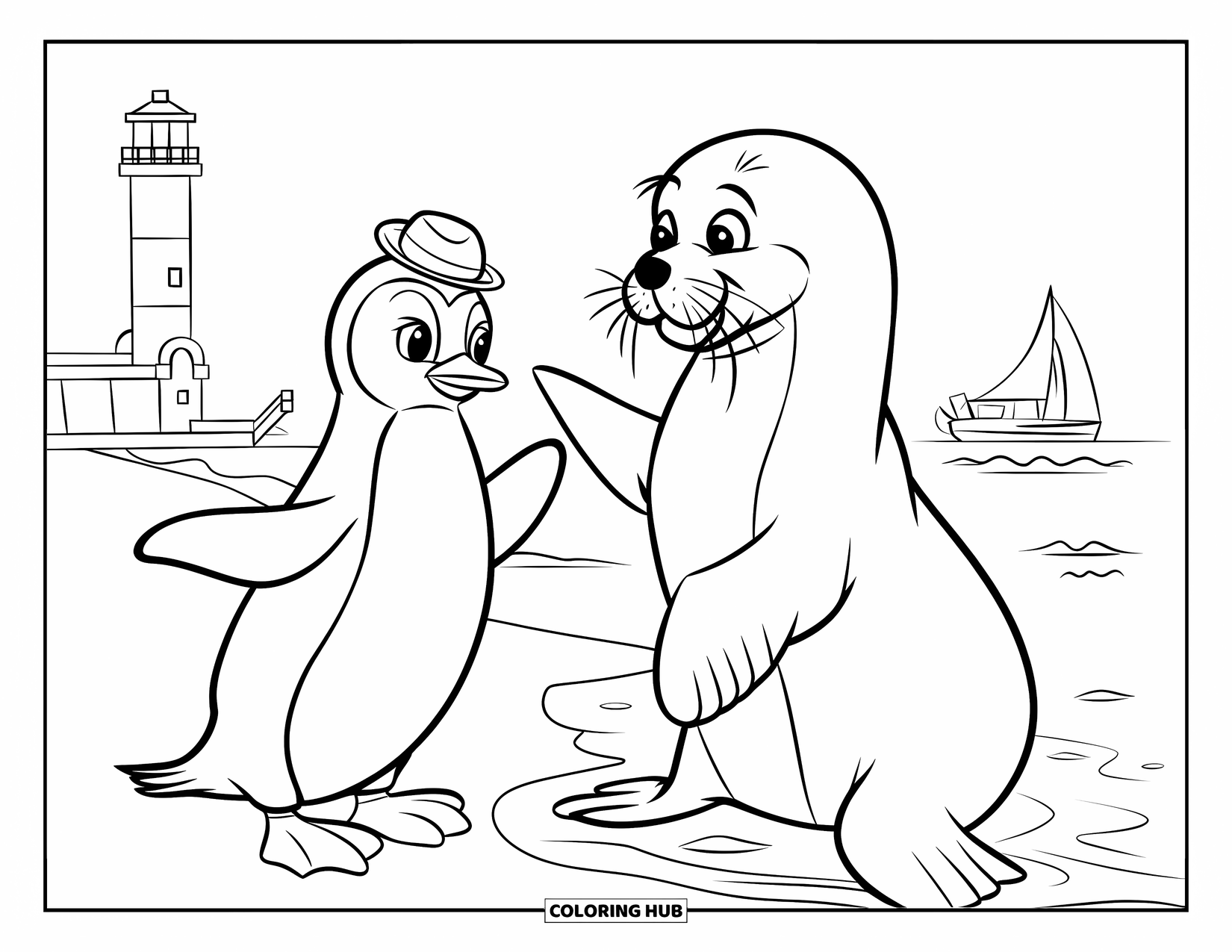 Disegno di un pinguino da colorare per bambini: Un pinguino con un piccolo cappello si allunga verso una foca curiosa vicino a un faro