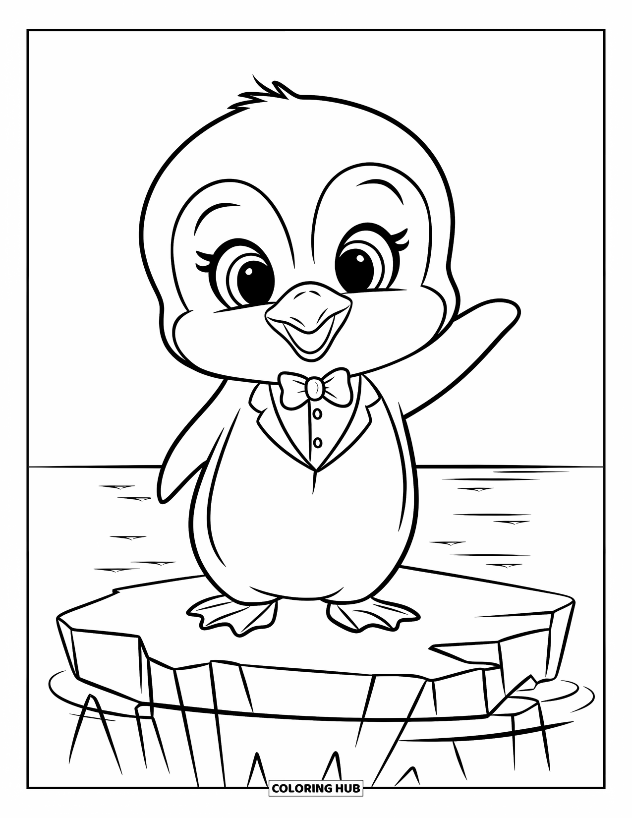 Disegno di un pinguino da colorare per bambini: Un pinguino in un minuscolo smoking saluta da un iceberg incrinato in acque aperte