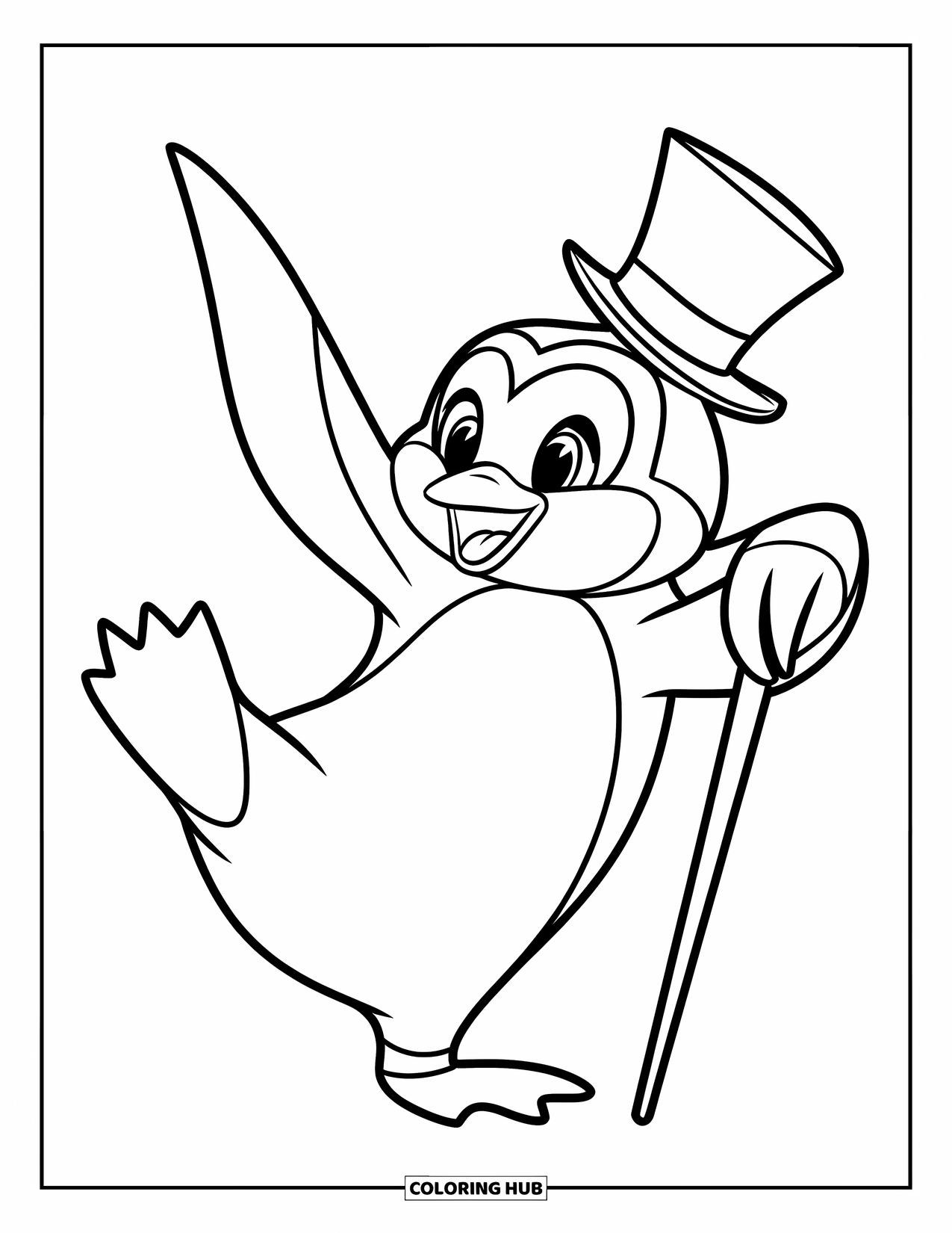 Disegno di un pinguino da colorare per bambini: Un pinguino con un cilindro e un bastone da passeggio esegue una mossa di danza sciocca