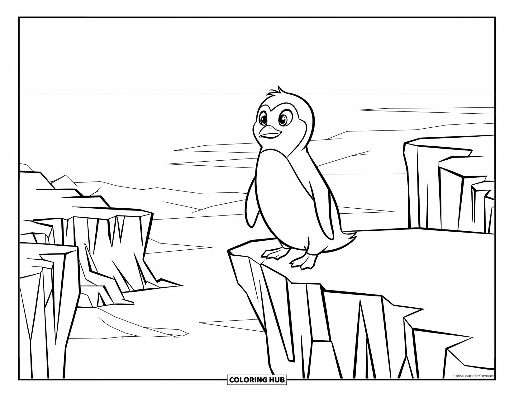 Disegno di un pinguino da colorare per bambini: Un pinguino in smoking si erge su una scogliera innevata, affacciato sul paesaggio antartico