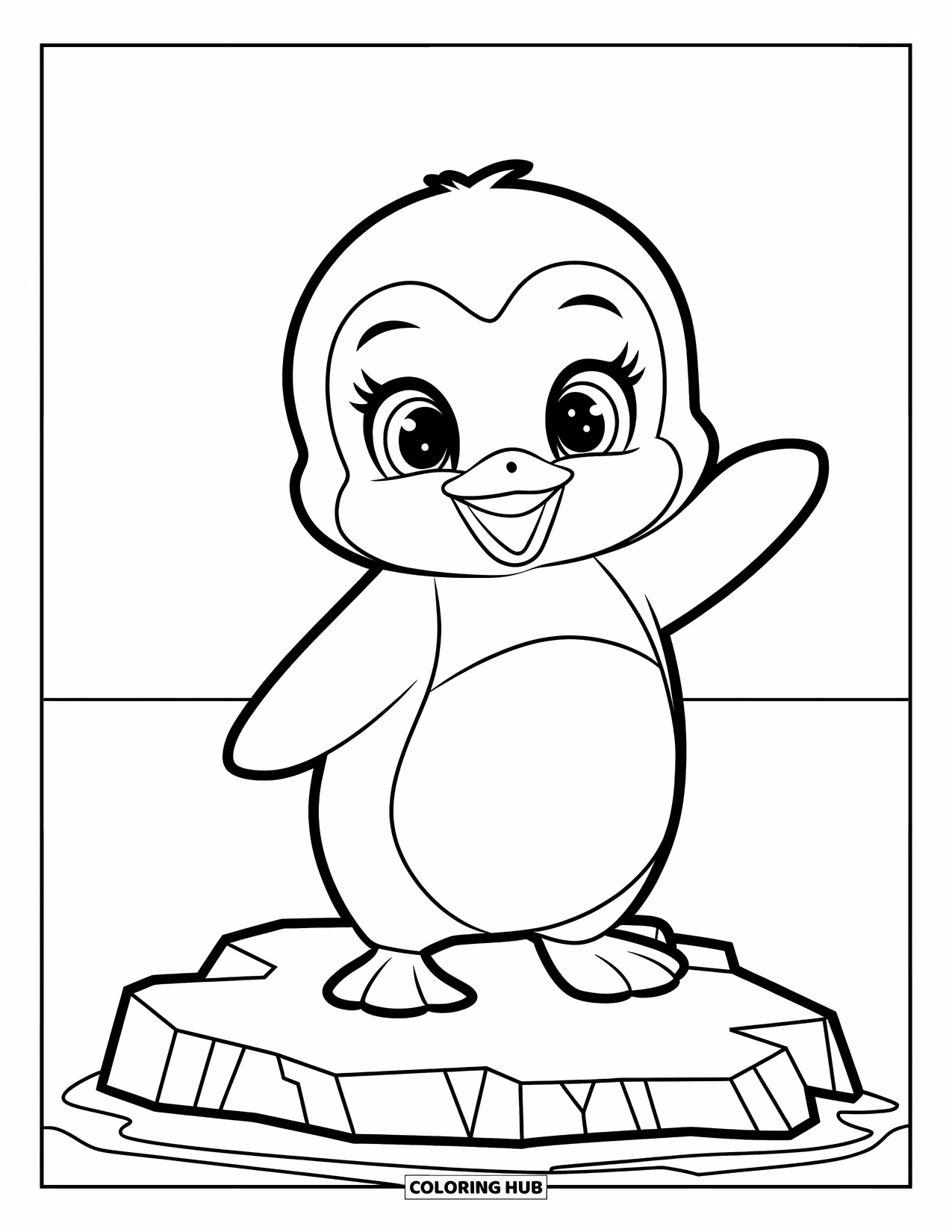 Disegno di un pinguino da colorare per bambini: Un pinguino in smoking si erge su un iceberg, agitando le sue minuscole pinne verso il cielo