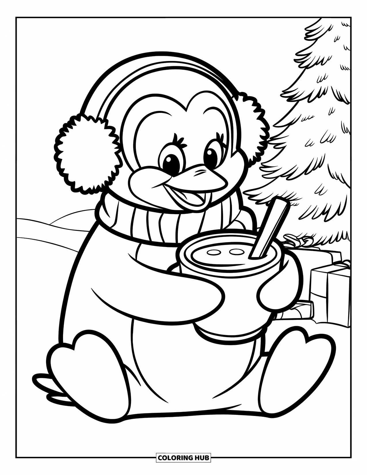Disegno di un pinguino da colorare per bambini: Un pinguino con i paraorecchie si gusta una calda tazza di cacao nella neve