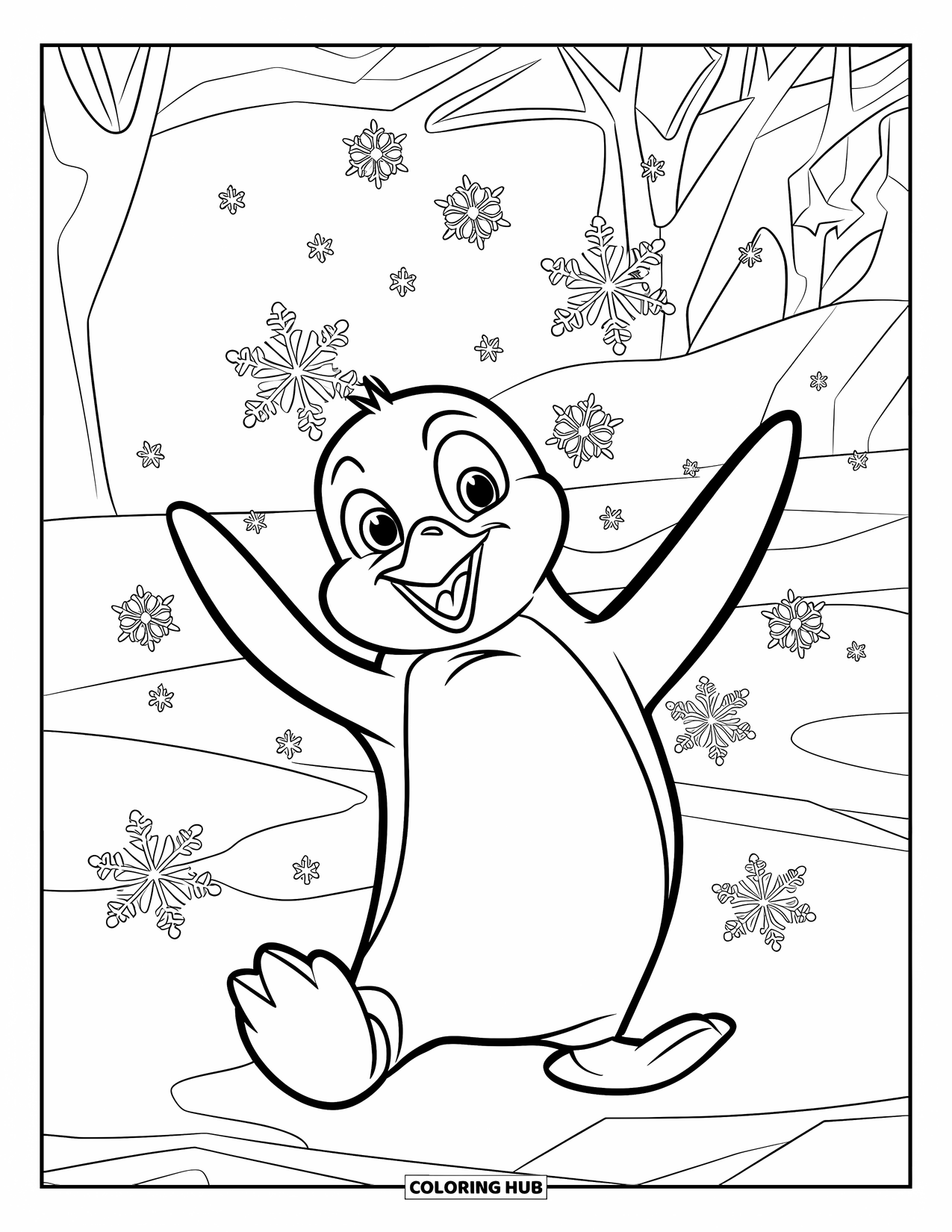 Disegno di un pinguino da colorare per bambini: Un pinguino cerca gioiosamente di afferrare i fiocchi di neve che cadono con le sue pinne