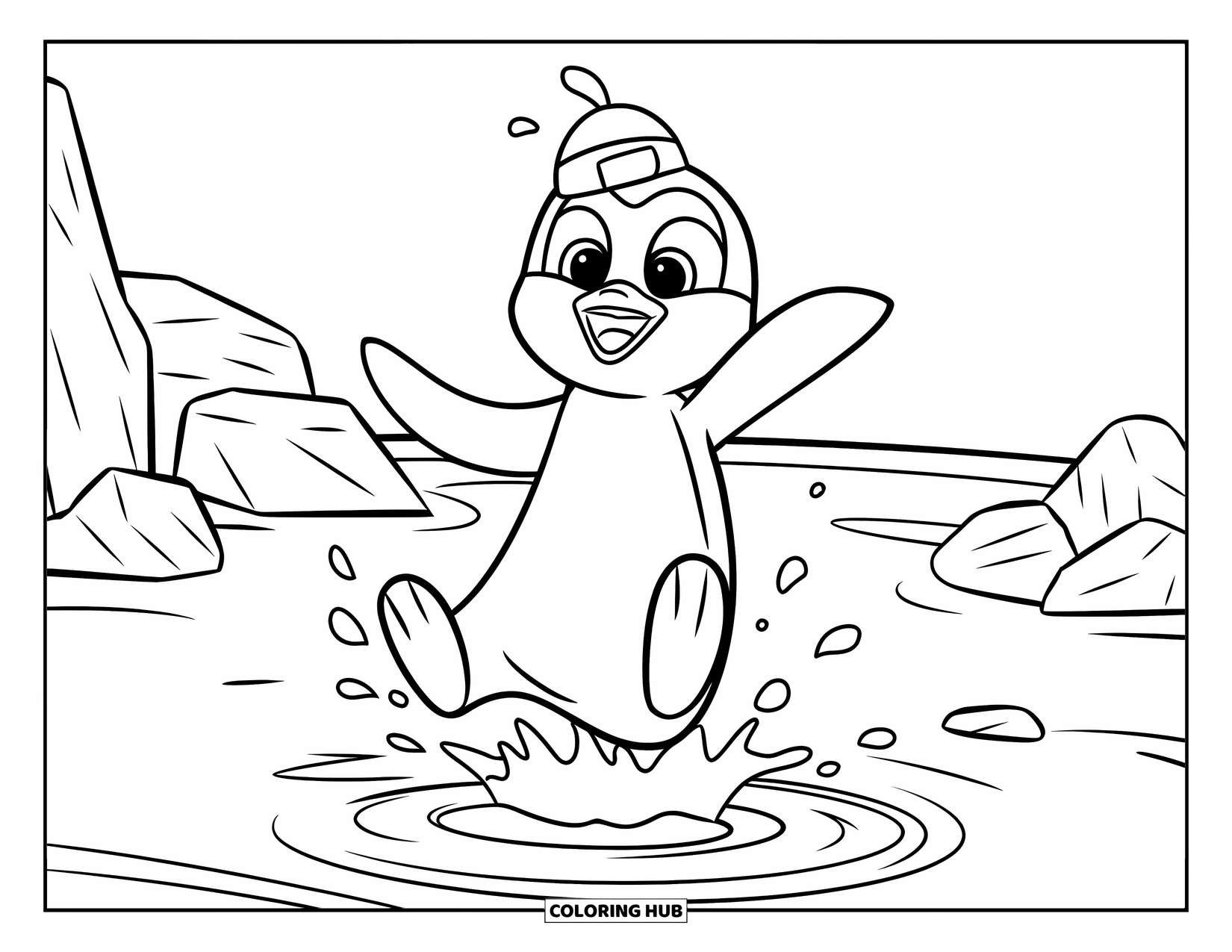 Disegno di un pinguino da colorare per bambini: Un pinguino salta in un lago, creando increspature sull'acqua calma