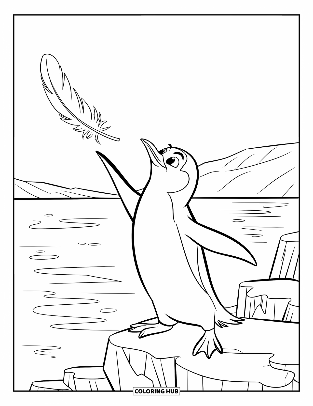 Disegno di un pinguino da colorare per bambini: Un pinguino vicino all'acqua si allunga verso una piuma che galleggia nella brezza