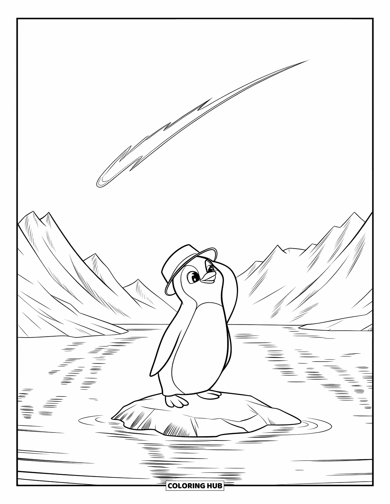 Disegno di un pinguino da colorare per bambini: Un pinguino su una roccia guarda in alto mentre una stella cadente solca il cielo