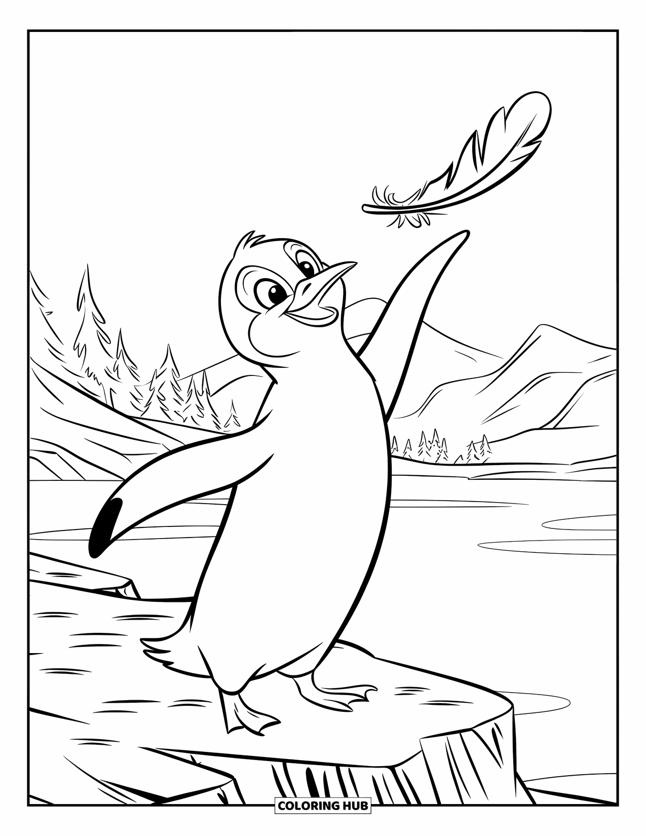 Disegno di un pinguino da colorare per bambini: Un pinguino su un terreno roccioso cerca di raggiungere una piuma vicino a un sereno lago di montagna