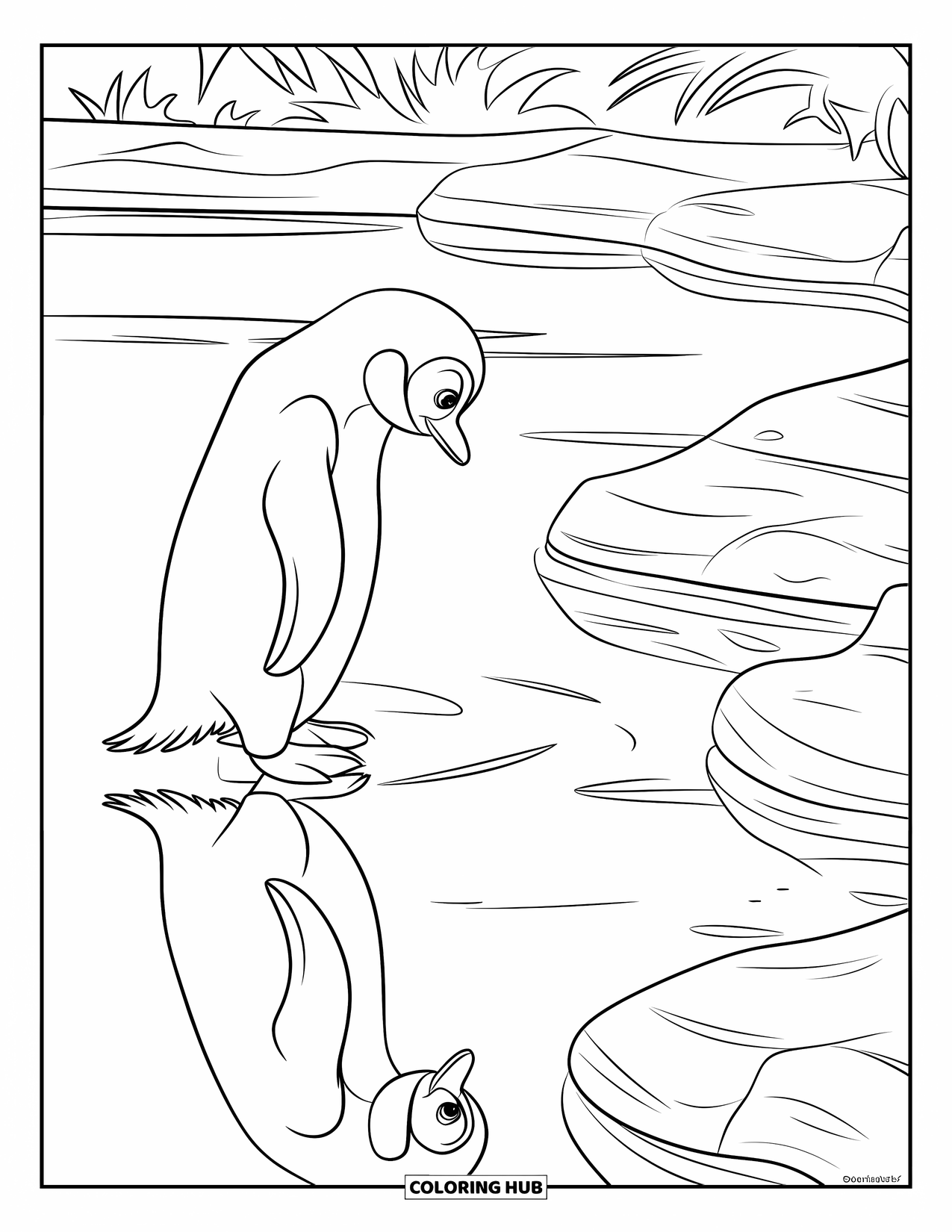 Disegno di un pinguino da colorare per bambini: Un pinguino scruta l'acqua calma, vedendo il suo riflesso sulla superficie