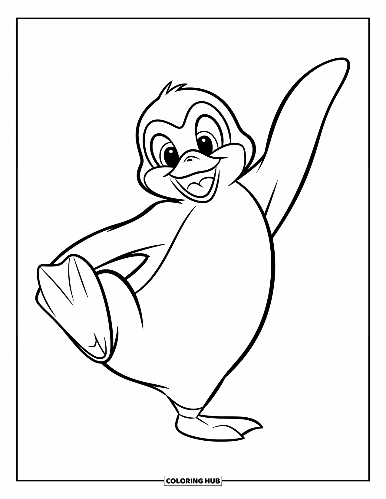 Disegno di un pinguino da colorare per bambini: Un pinguino alza un piede in una mossa di danza giocosa su uno sfondo vuoto