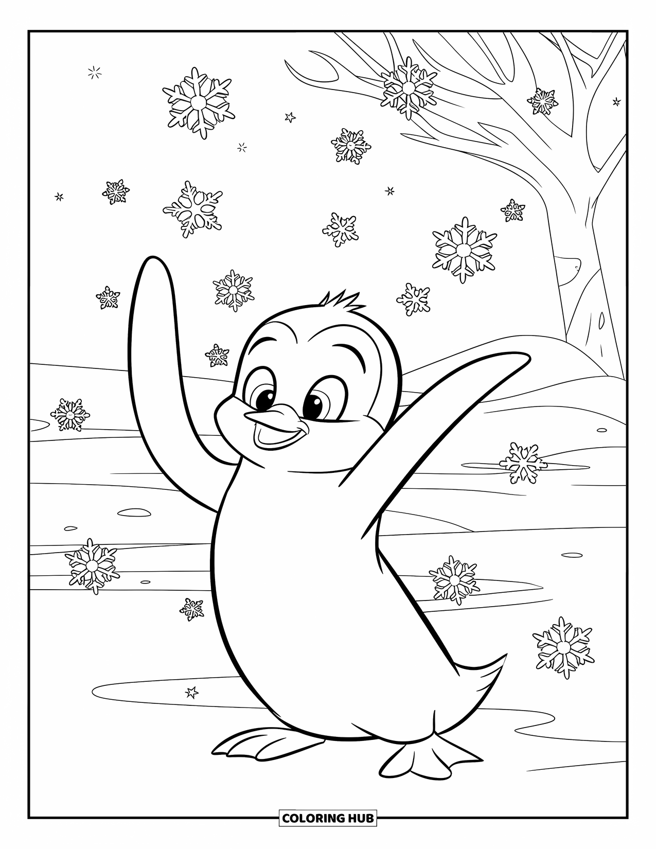 Disegno di un pinguino da colorare per bambini: Un pinguino cerca di raggiungere i fiocchi di neve mentre cadono da un cielo stellato