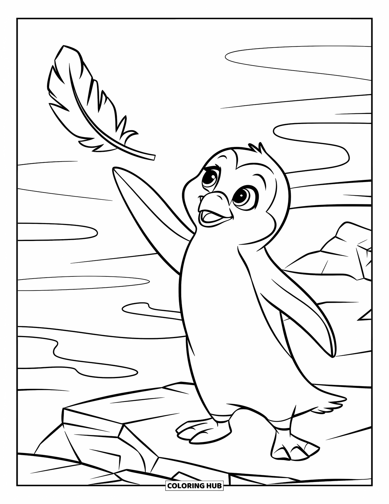 Disegno di un pinguino da colorare per bambini: Un pinguino si allunga per toccare una piuma che galleggia nel vento
