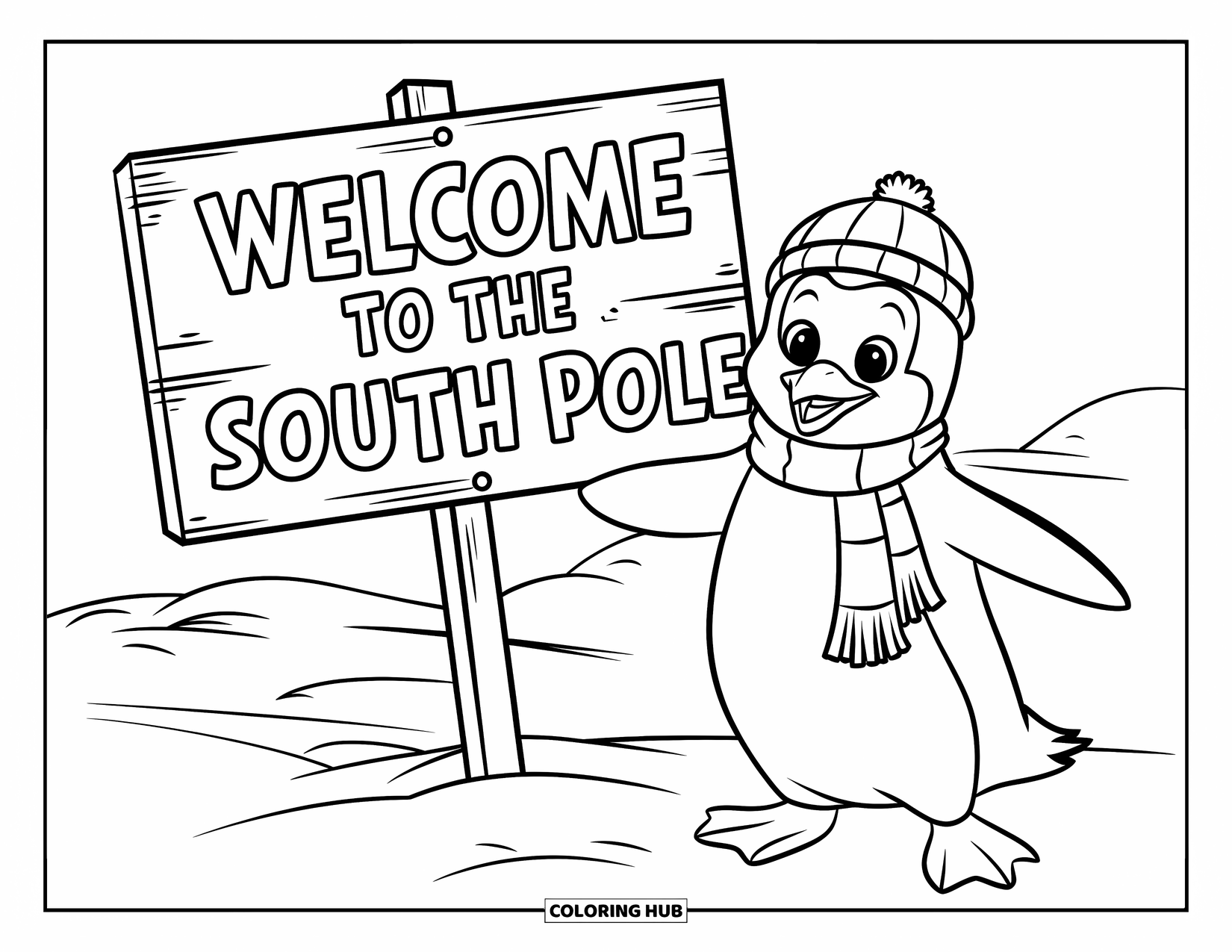 Disegno di un pinguino da colorare per bambini: Un pinguino si trova accanto a un cartello di legno con scritto "Benvenuti al Polo Sud