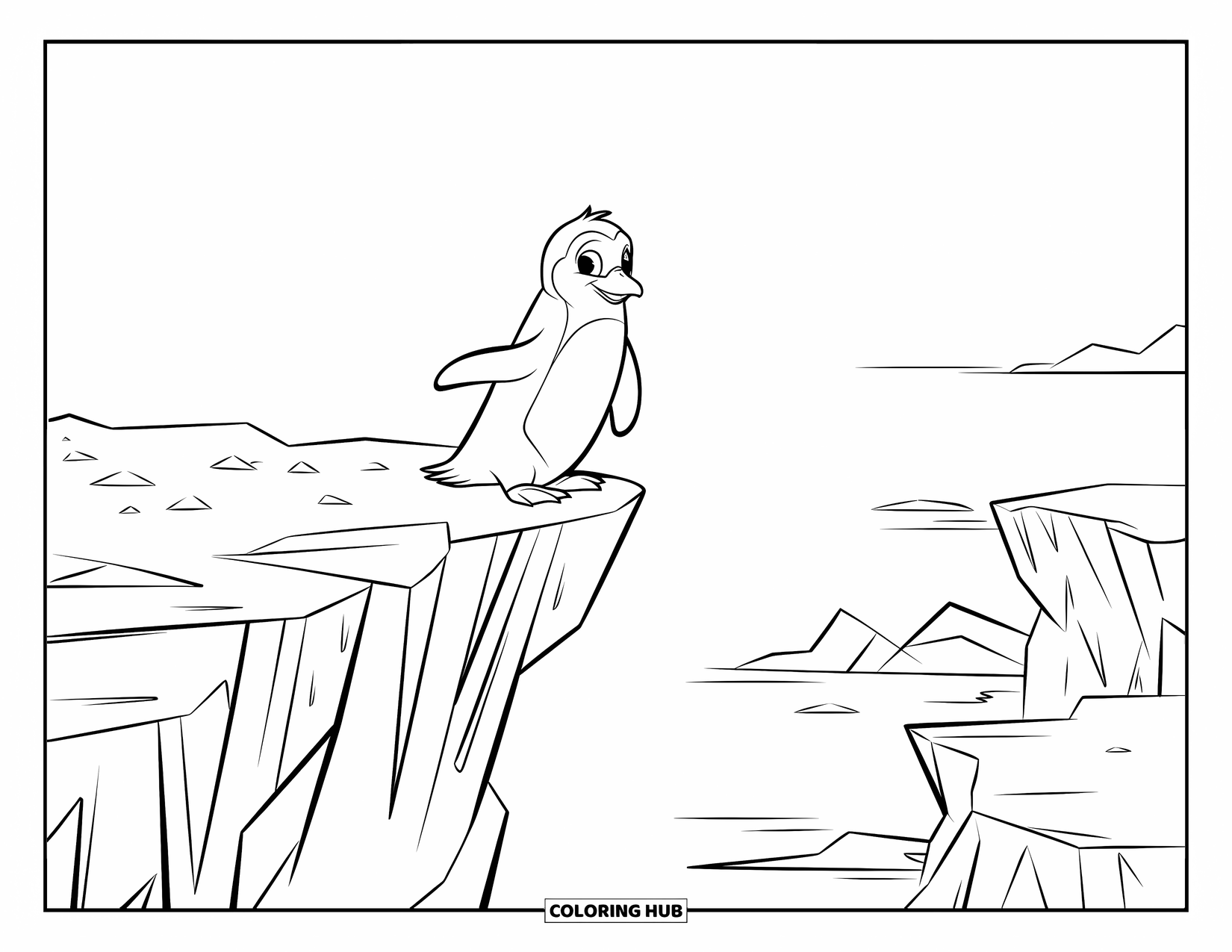 Disegno di un pinguino da colorare per bambini: Un pinguino si erge su una scogliera frastagliata e innevata, sorridendo al vasto scenario antartico