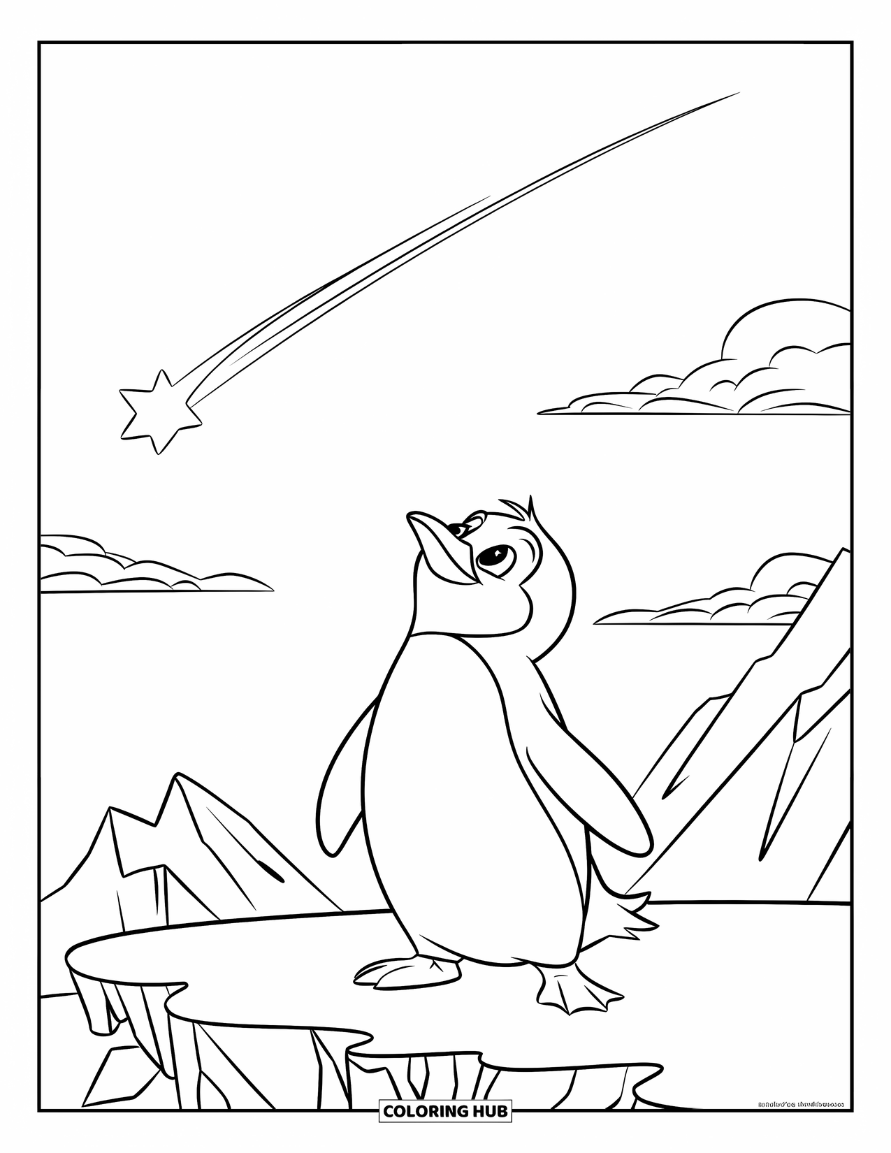 Disegno di un pinguino da colorare per bambini: Un pinguino guarda una stella cadente mentre si trova su una piattaforma innevata