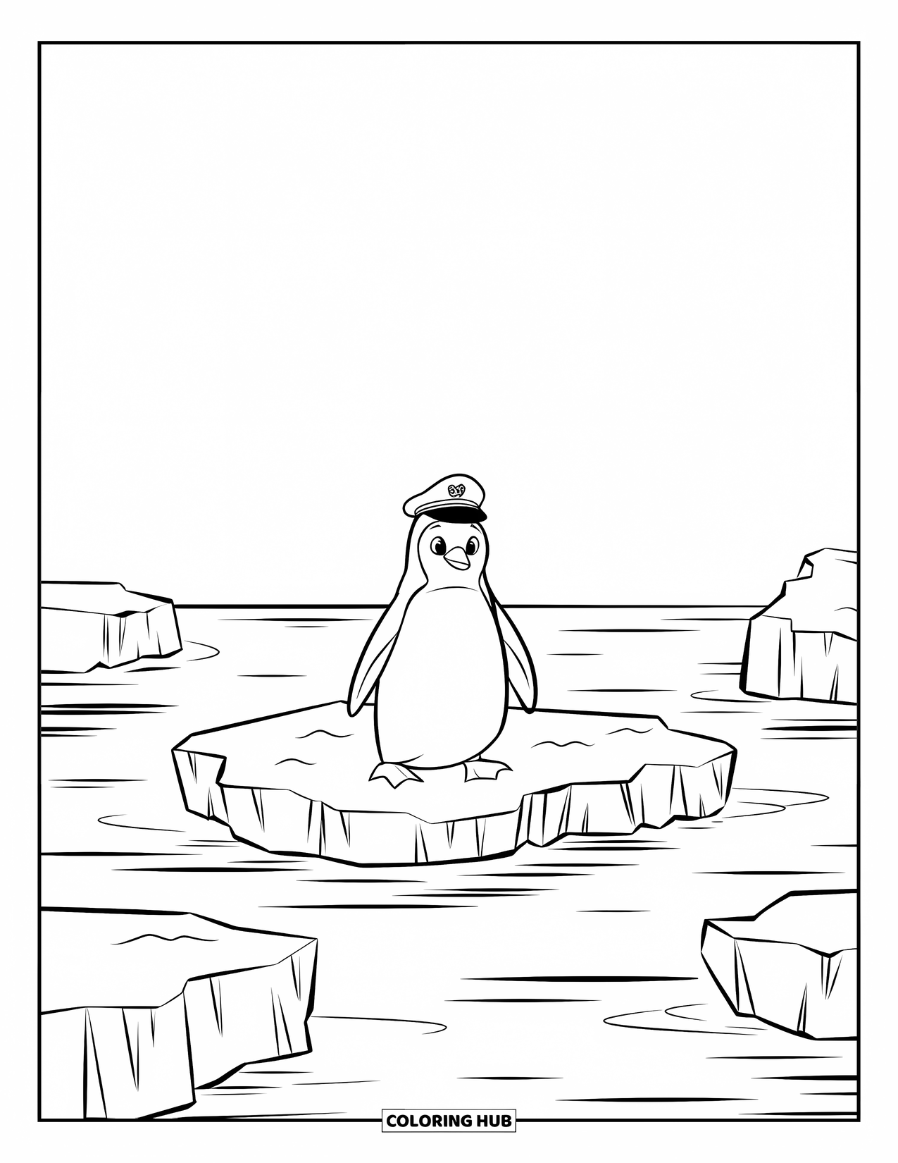 Disegno di un pinguino da colorare per bambini: Un pinguino con un cappello da capitano cavalca un pezzo di ghiaccio galleggiante come una barca