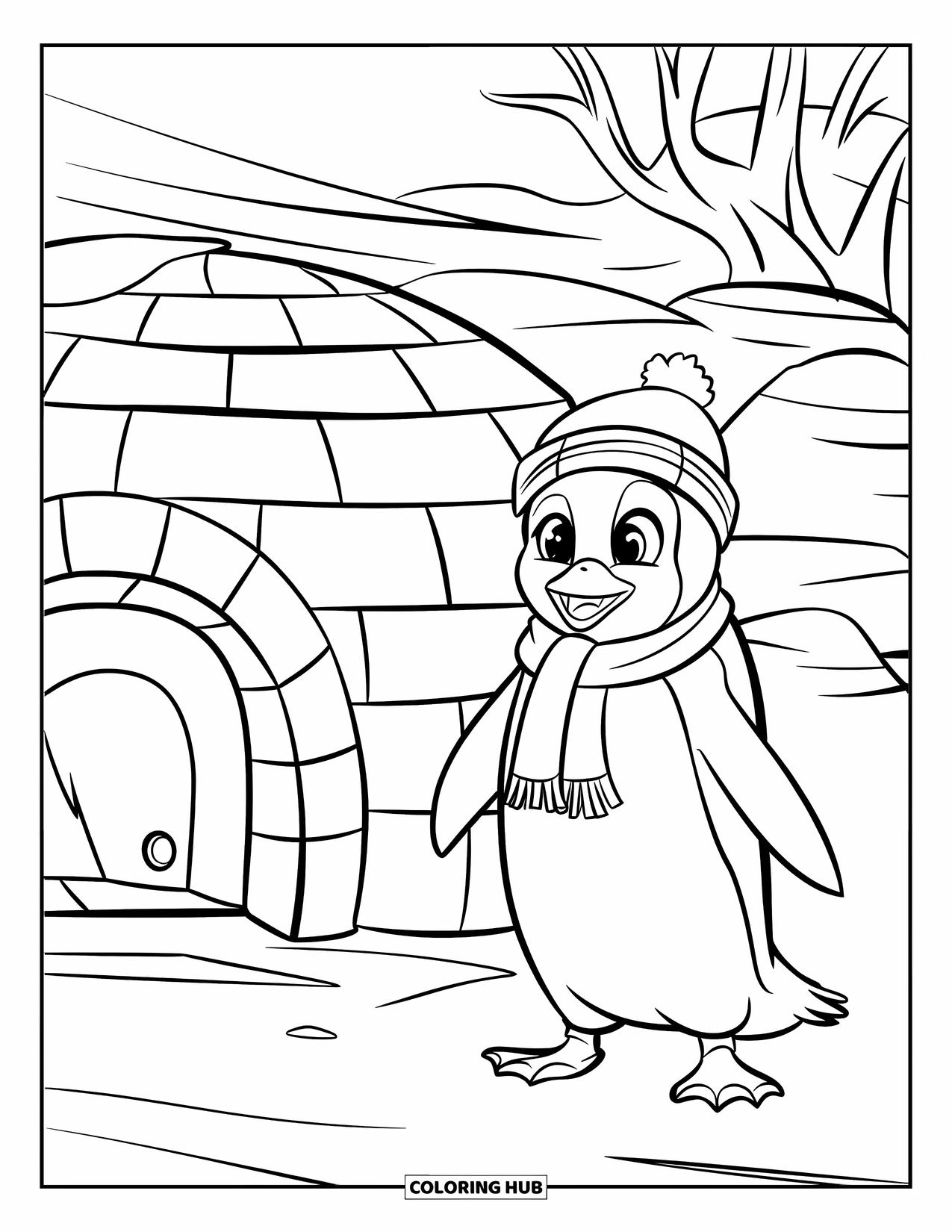 Disegno di un pinguino da colorare per bambini: Un pinguino con un cappello e una sciarpa si trova accanto a un igloo in un paesaggio innevato