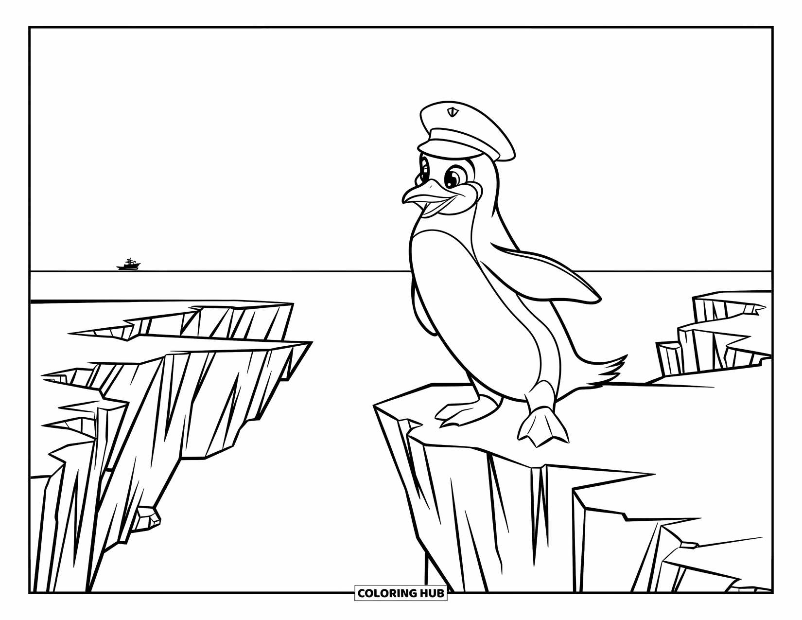 Disegno di un pinguino da colorare per bambini: Un pinguino con un cappello da marinaio guarda una nave distante da un'alta scogliera