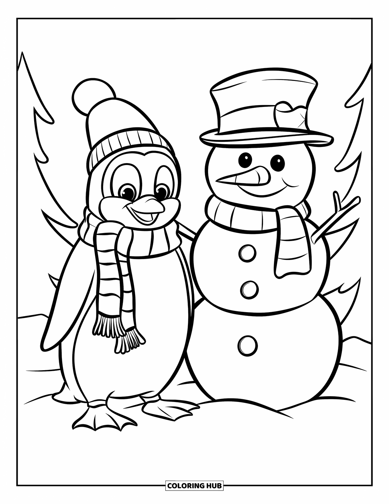 Disegno di un pinguino da colorare per bambini: Un pinguino con una sciarpa e un pupazzo di neve stanno insieme tra alberi innevati