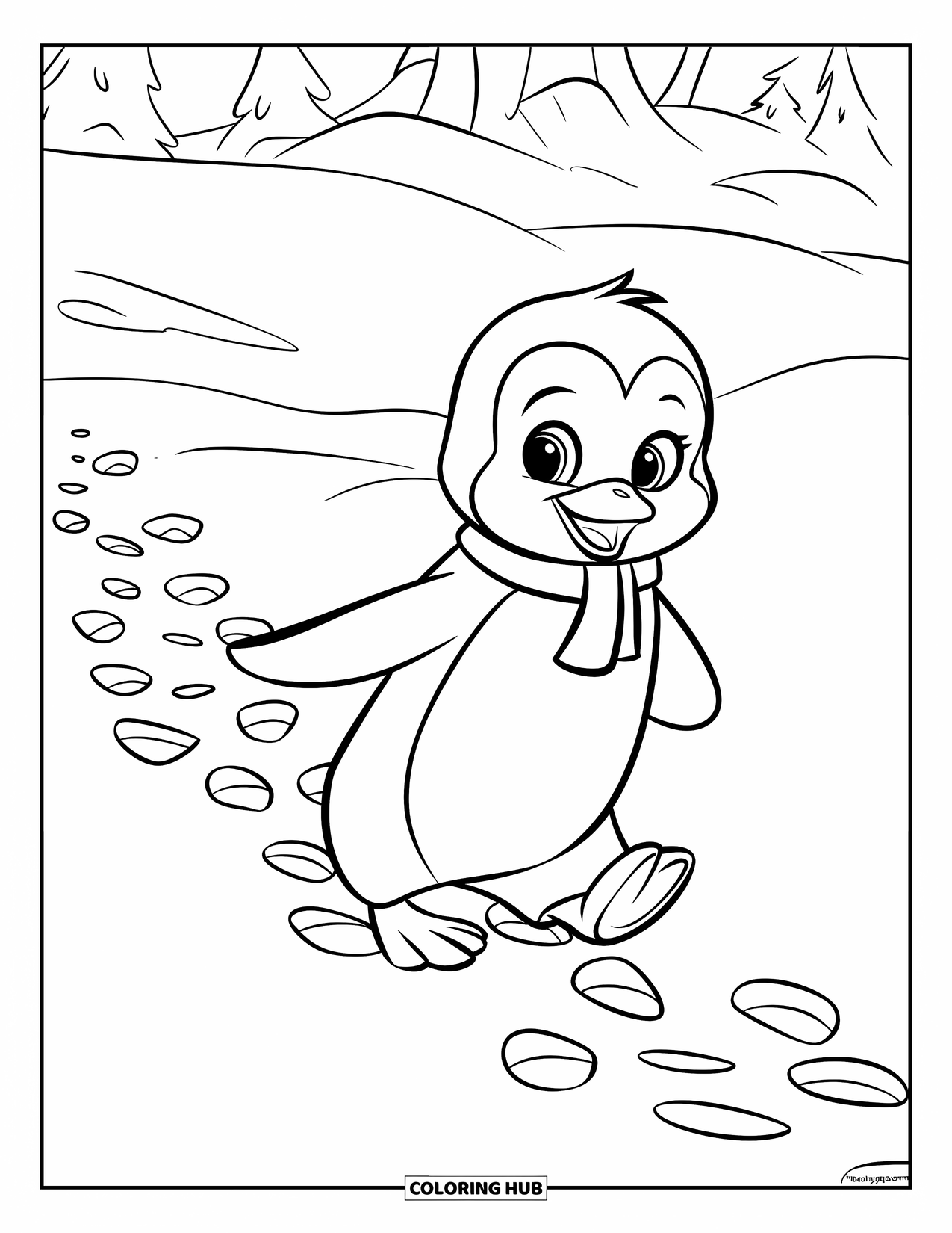 Disegno di un pinguino da colorare per bambini: Un pinguino con una sciarpa lascia impronte profonde mentre cammina nella neve