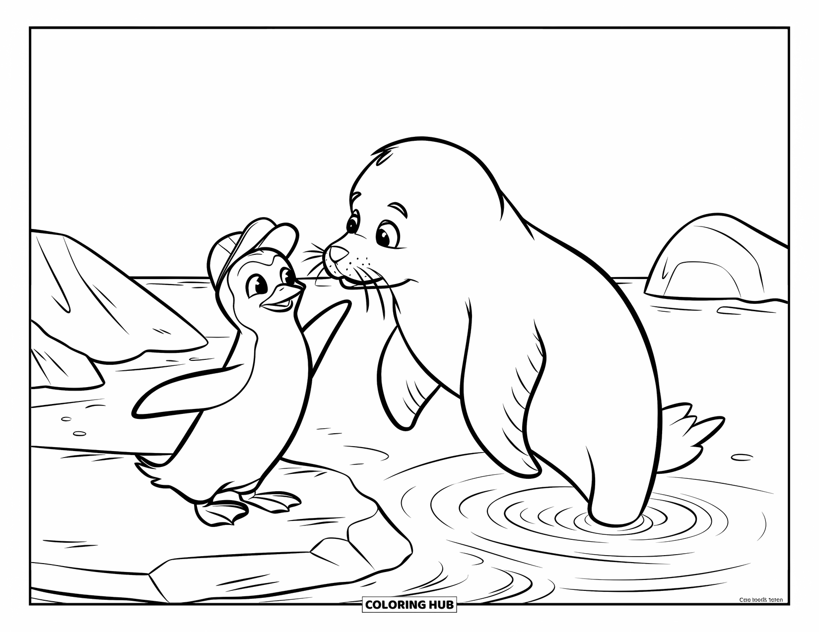 Disegno di un pinguino da colorare per bambini: Un pinguino con un piccolo cappello incontra una foca curiosa vicino alla riva rocciosa