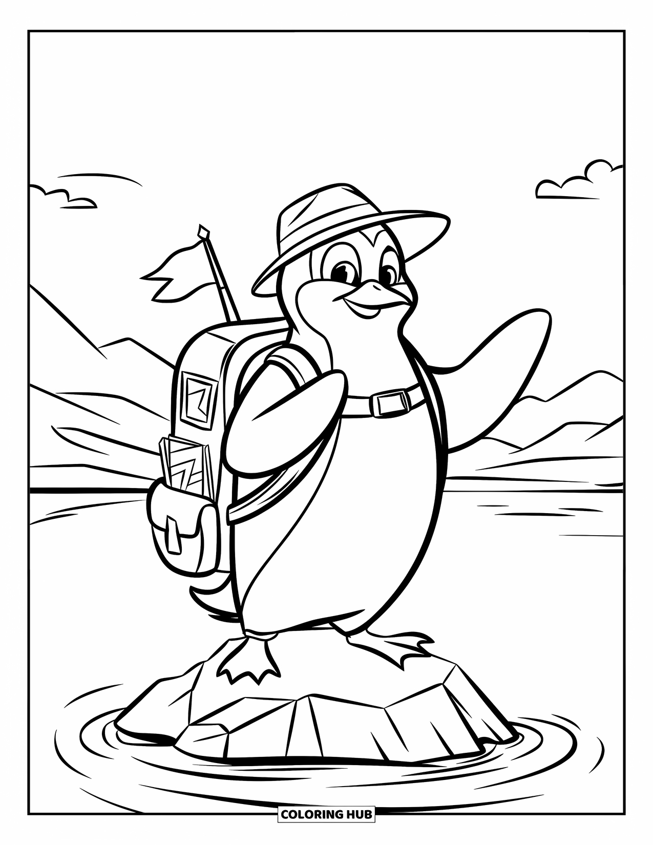 Disegno di un pinguino da colorare per bambini: Un pinguino con uno zaino finge di essere un esploratore, in piedi su una riva rocciosa