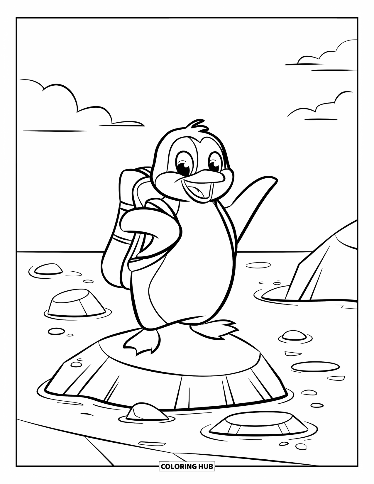 Disegno di un pinguino da colorare per bambini: Un pinguino con una mappa e una bandiera esplora una piccola isola in mezzo al mare