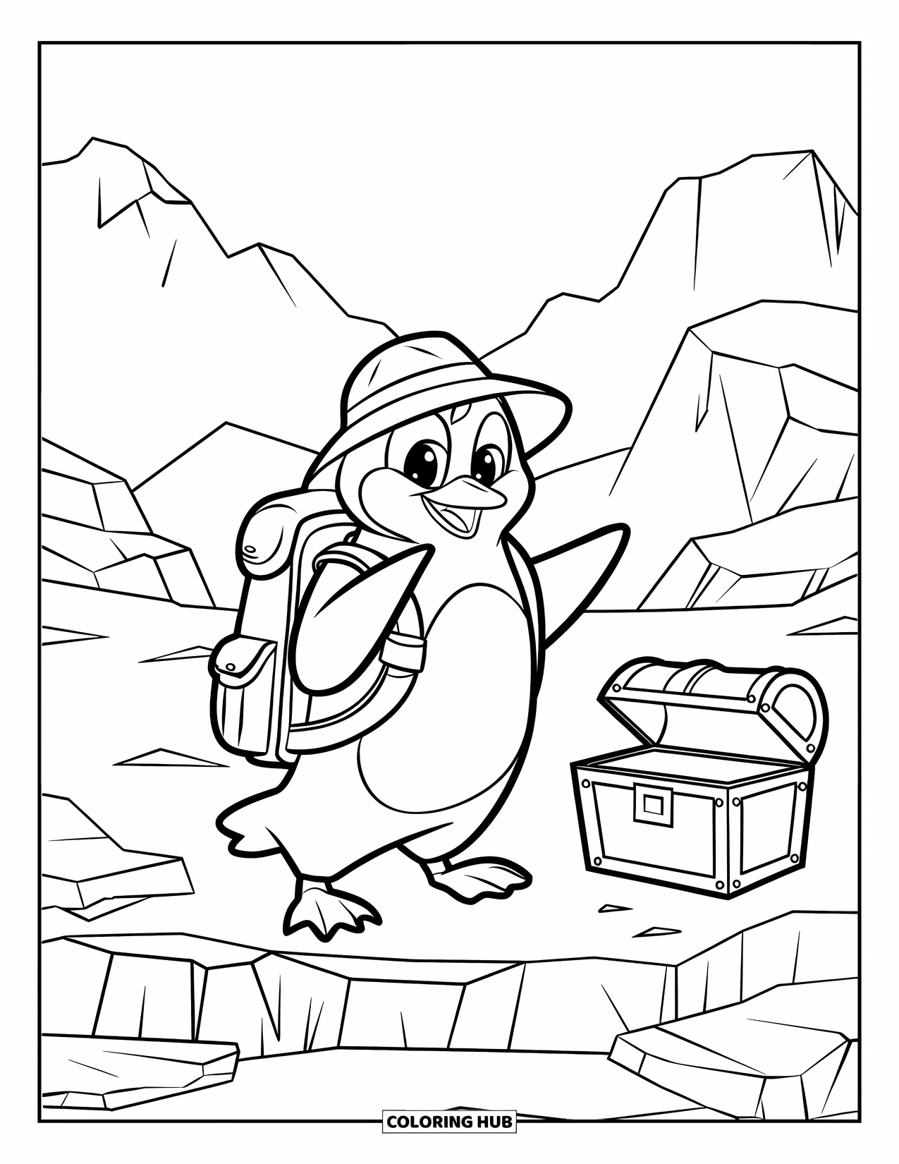 Disegno di un pinguino da colorare per bambini: Un pinguino con un forziere del tesoro e uno zaino si erge su un terreno roccioso
