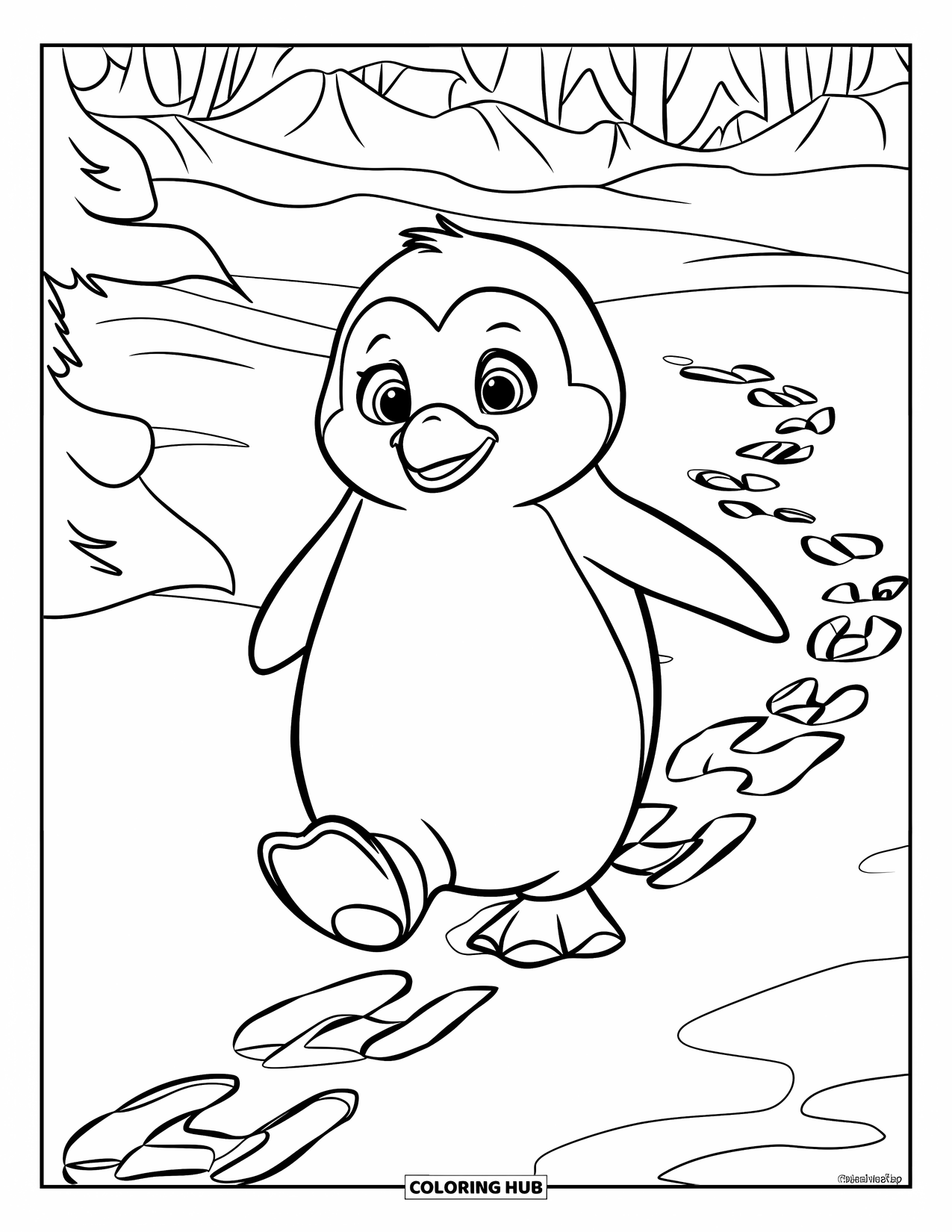 Disegno di un pinguino da colorare per bambini: Un pinguino rotondo marcia nella neve, lasciando una scia di impronte dietro di sé