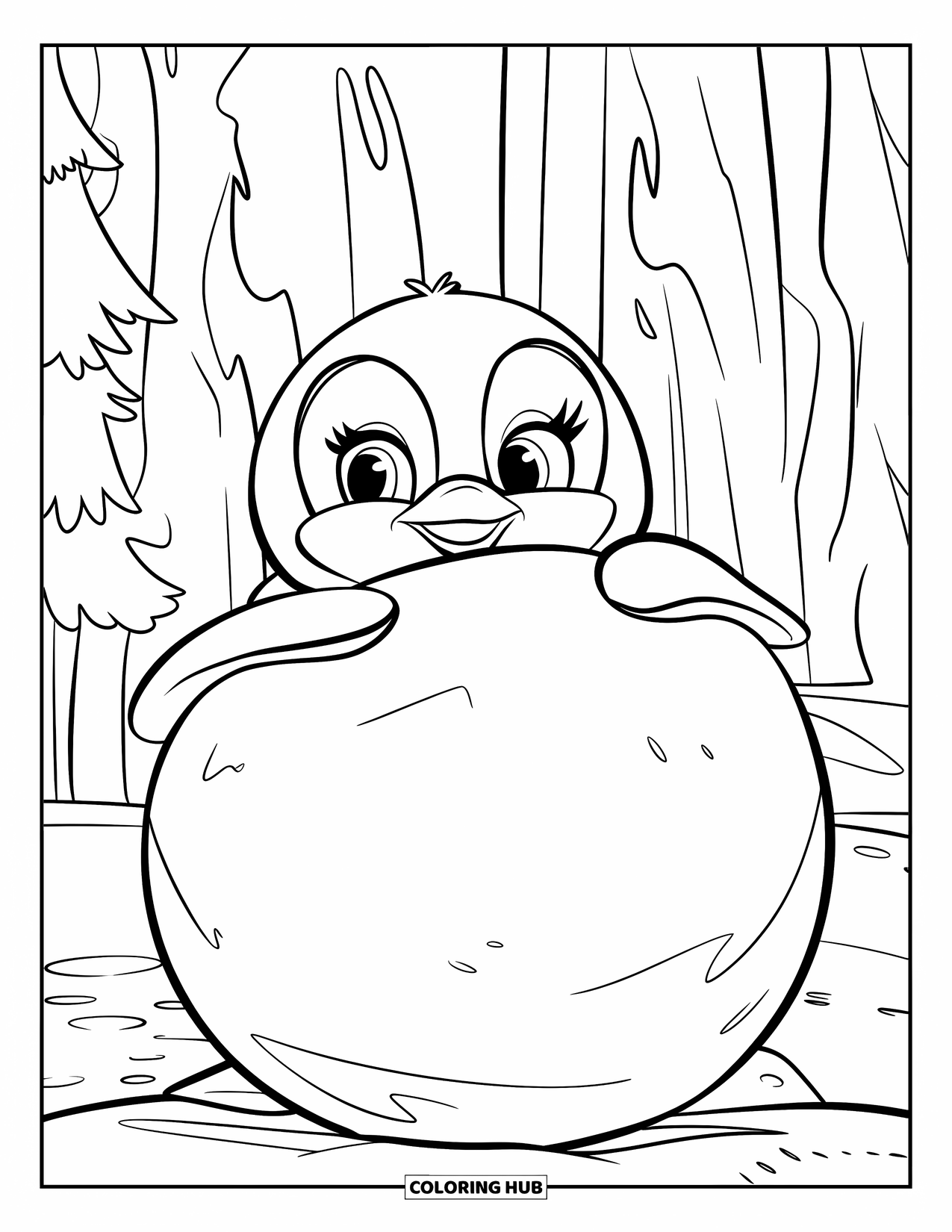 Disegno di un pinguino da colorare per bambini: Un pinguino rotondo sbircia da dietro una liscia palla di neve in una foresta innevata