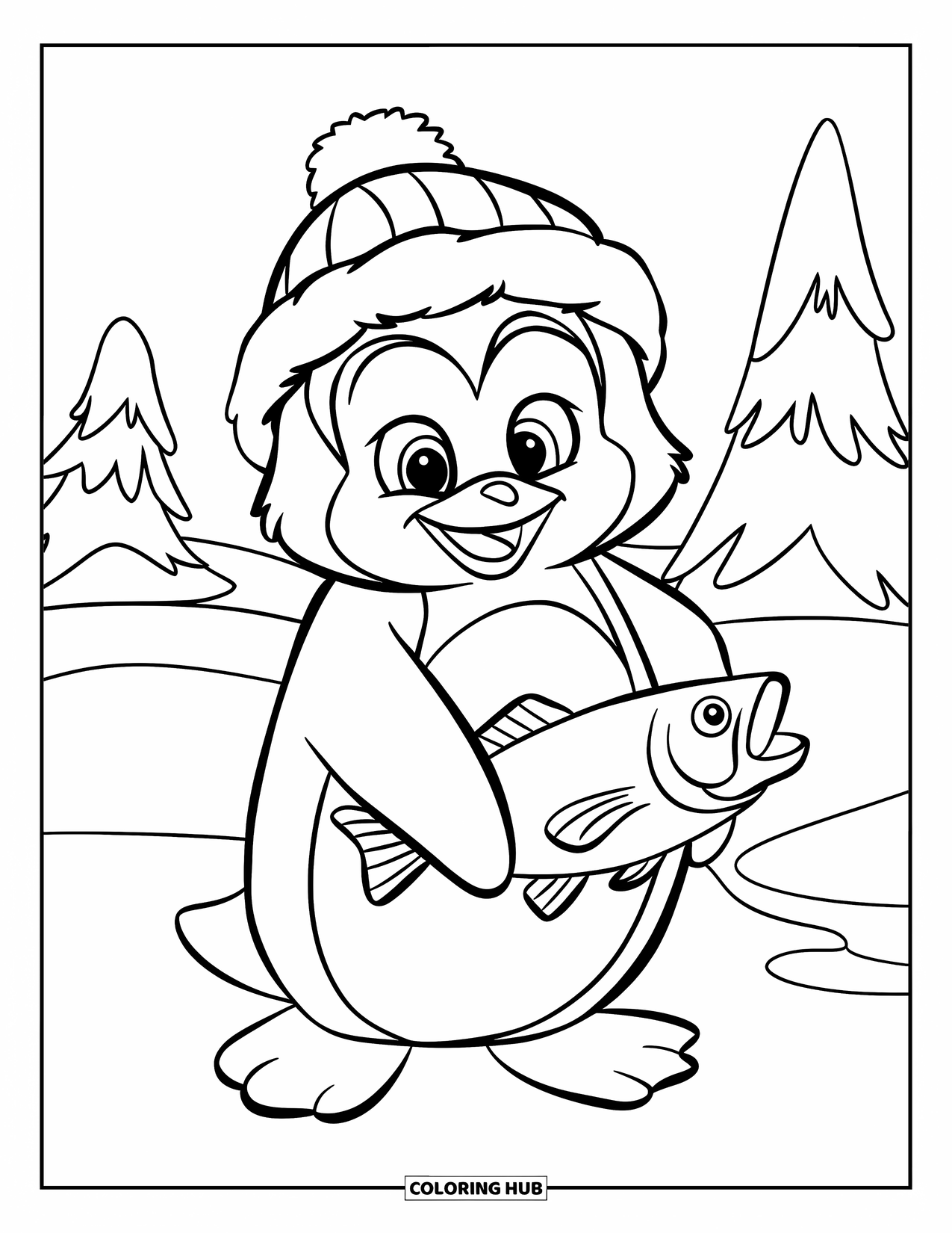 Disegno di un pinguino da colorare per bambini: Un pinguino sorridente con un cappello invernale tiene orgogliosamente in mano un grosso pesce nella neve