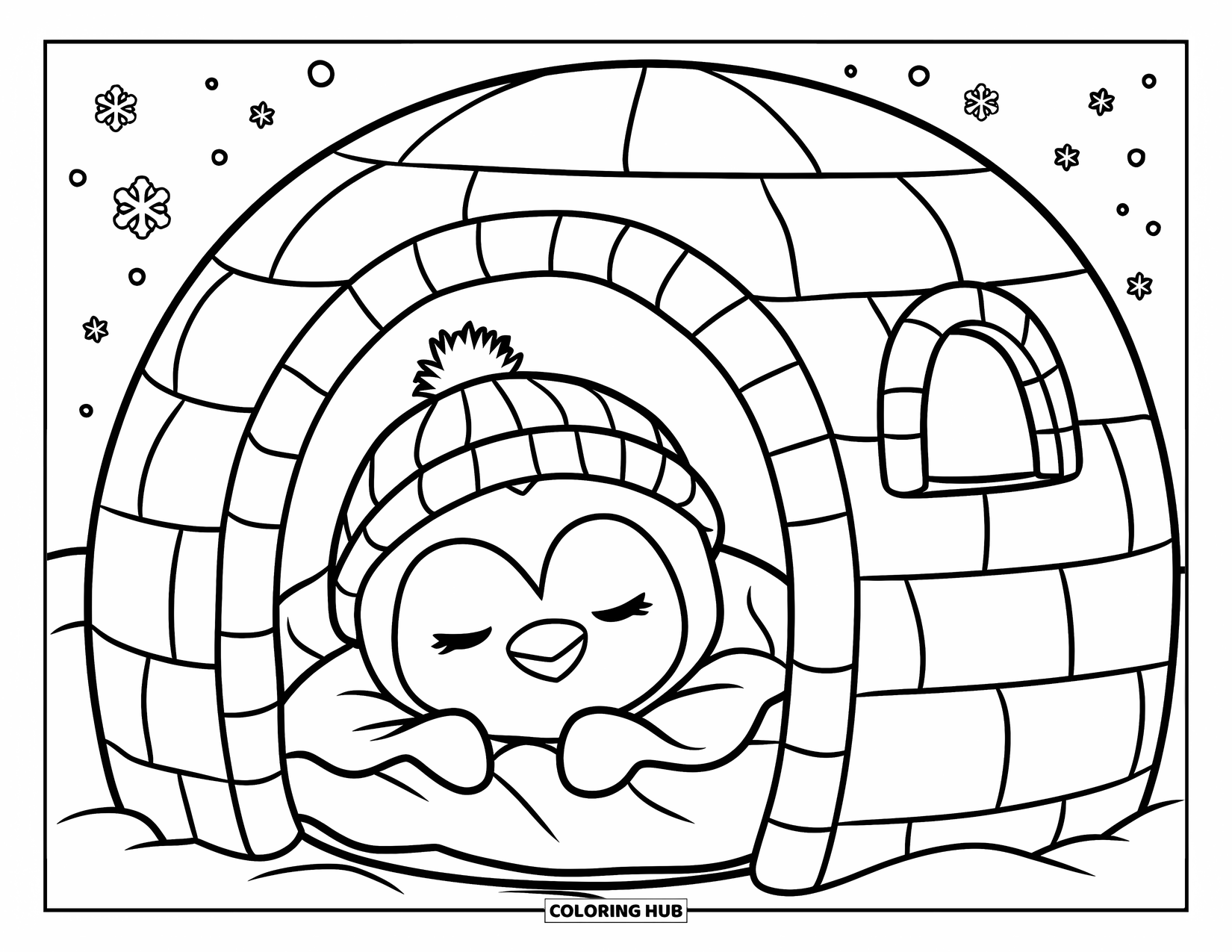 Disegno di un pinguino da colorare per bambini: Un minuscolo pinguino con un cappello fa un pisolino dentro un igloo mentre cadono i fiocchi di neve