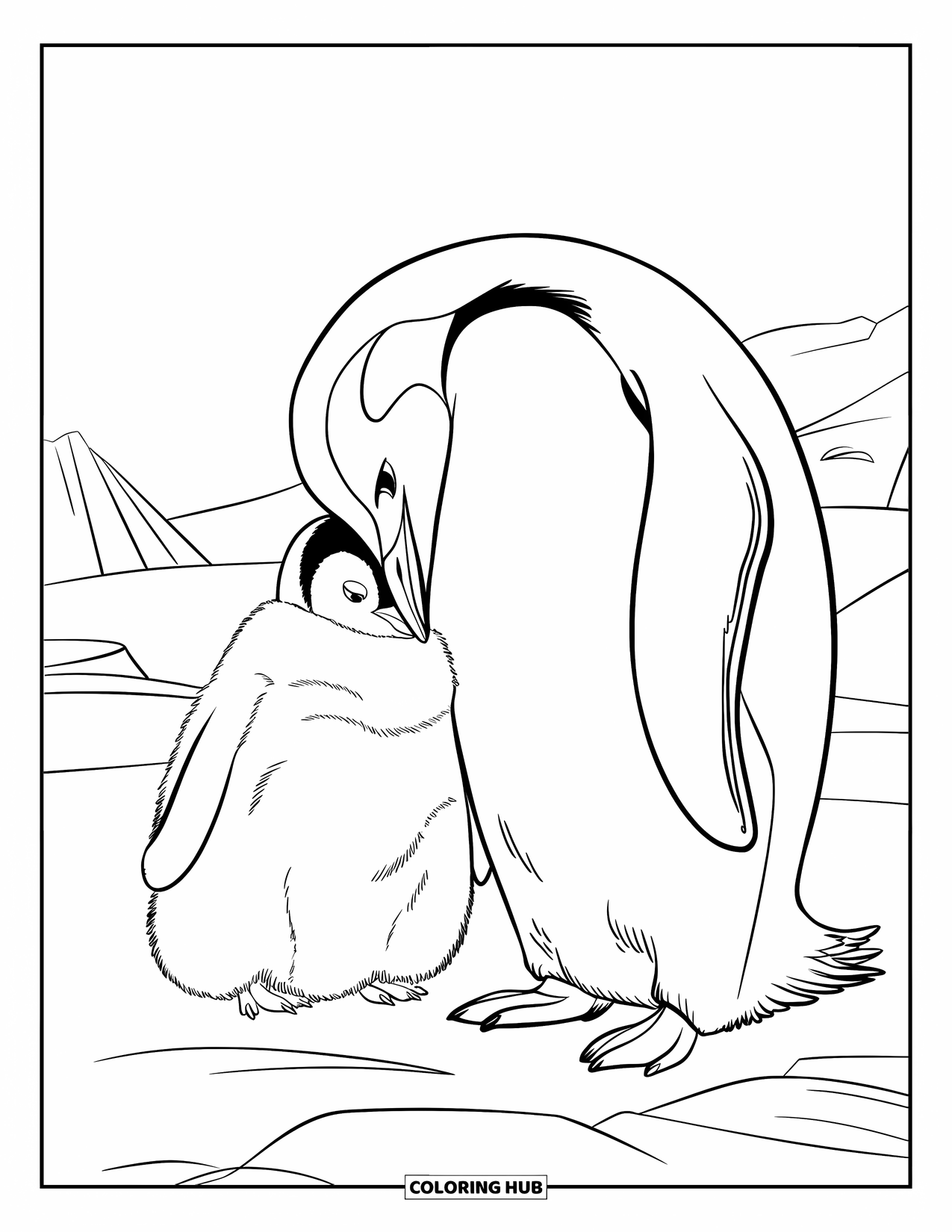 Disegno di un pinguino da colorare per bambini: Un pinguino imperatore e il suo pulcino siedono su una collina innevata con montagne in lontananza
