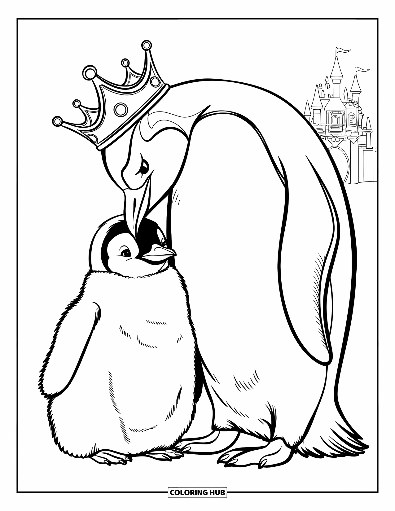 Disegno di un pinguino da colorare per bambini: Un pinguino imperatore con una corona sta con il suo pulcino vicino a un castello
