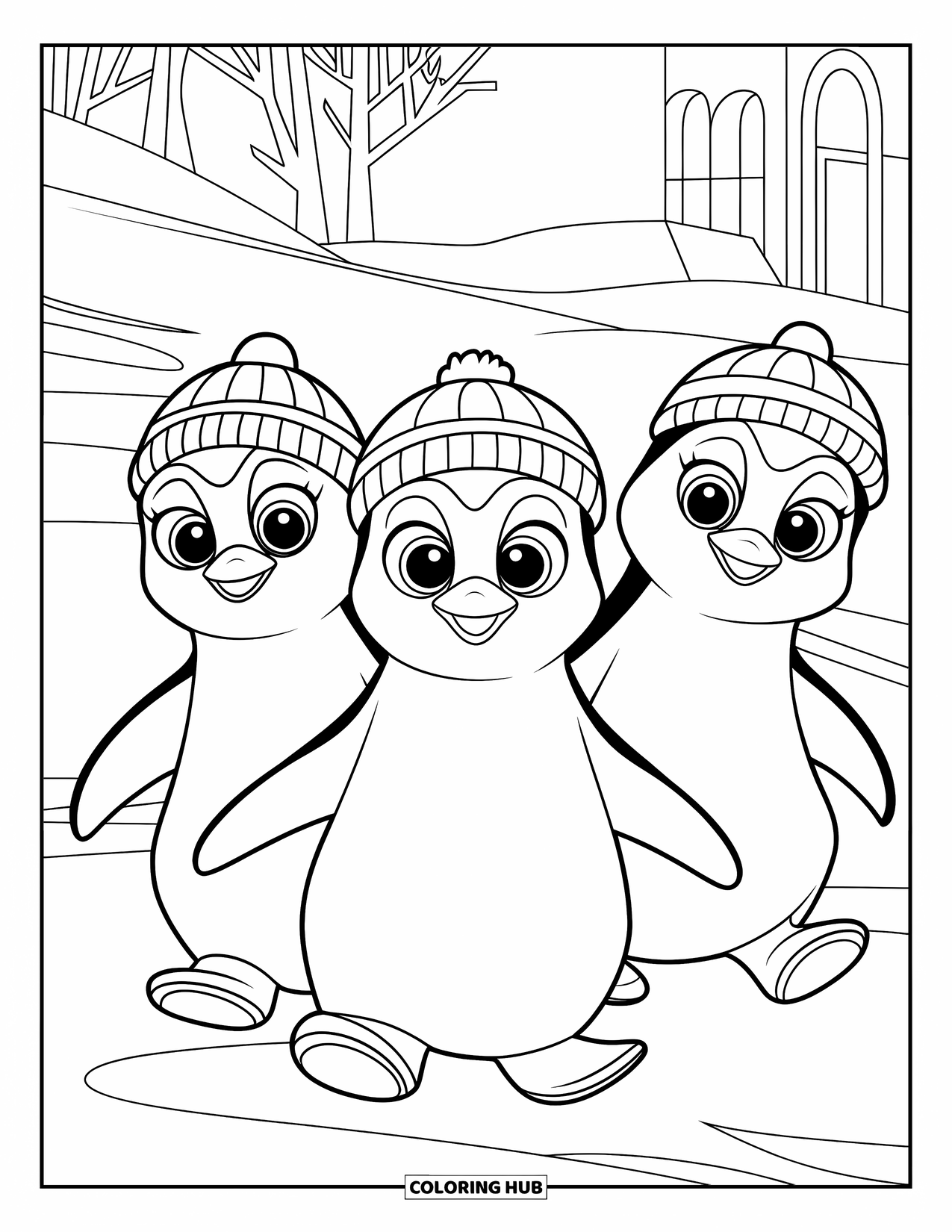 Disegno di un pinguino da colorare per bambini: Tre pinguini con cappelli esplorano un paesaggio innevato vicino a un accogliente edificio