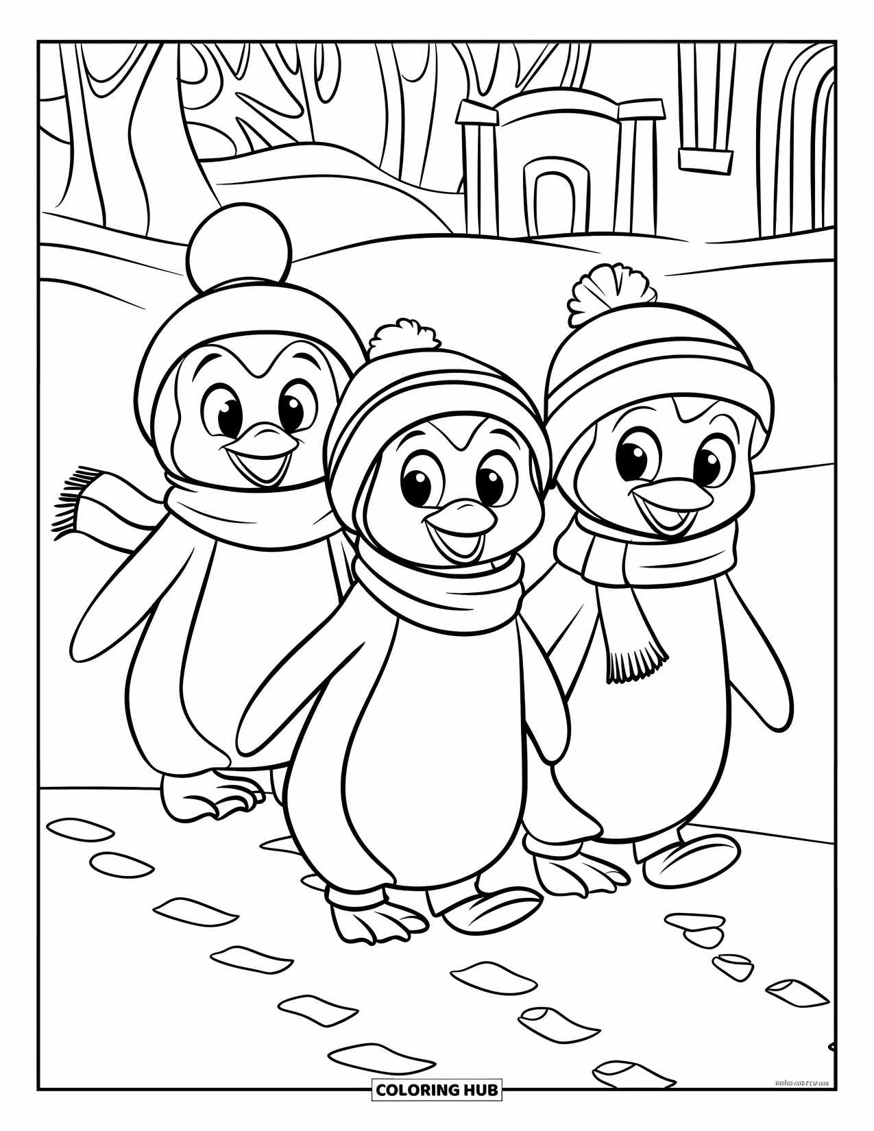 Disegno di un pinguino da colorare per bambini: Tre pinguini con le sciarpe camminano insieme nella neve