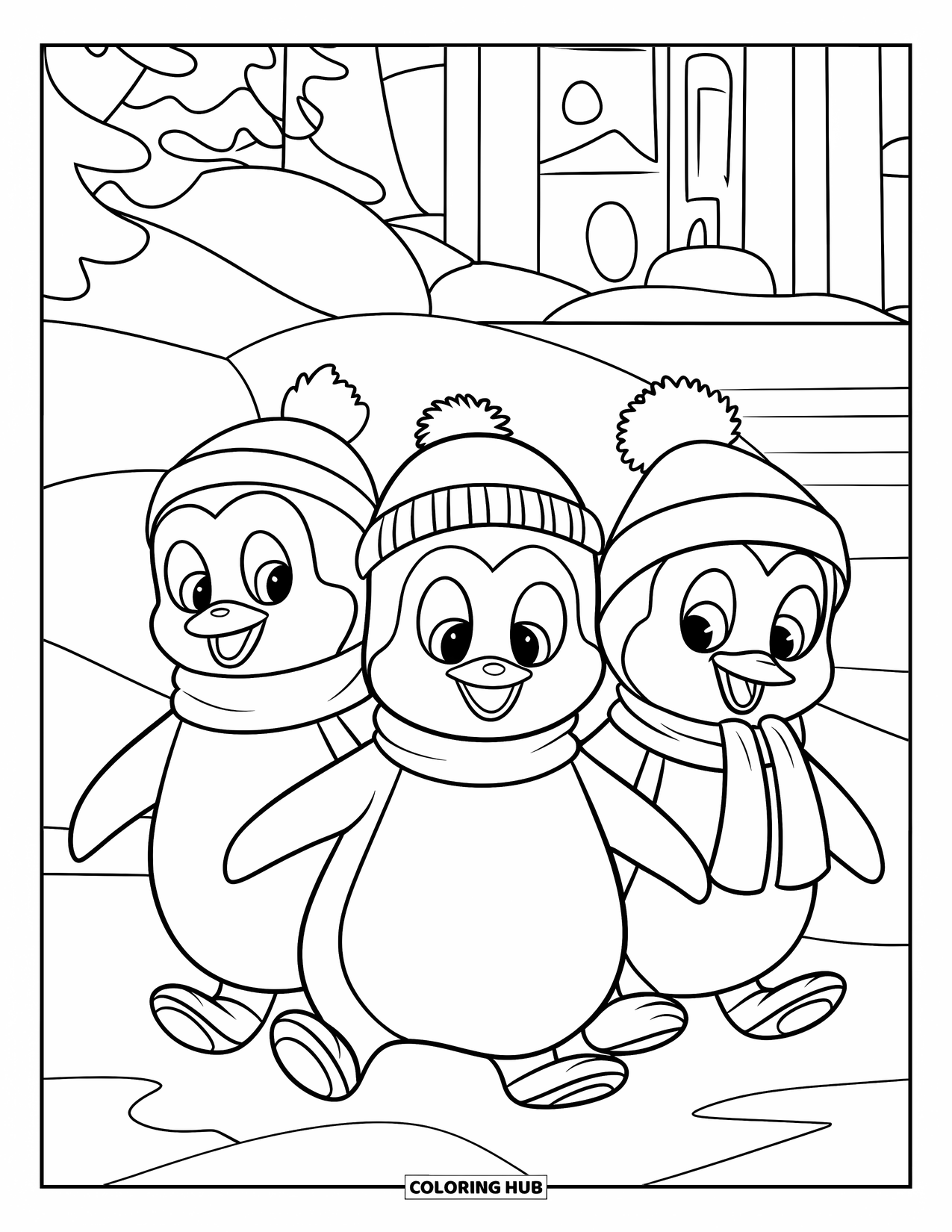 Disegno di un pinguino da colorare per bambini: Tre pinguini marciano nella neve, lasciando impronte dietro di sé