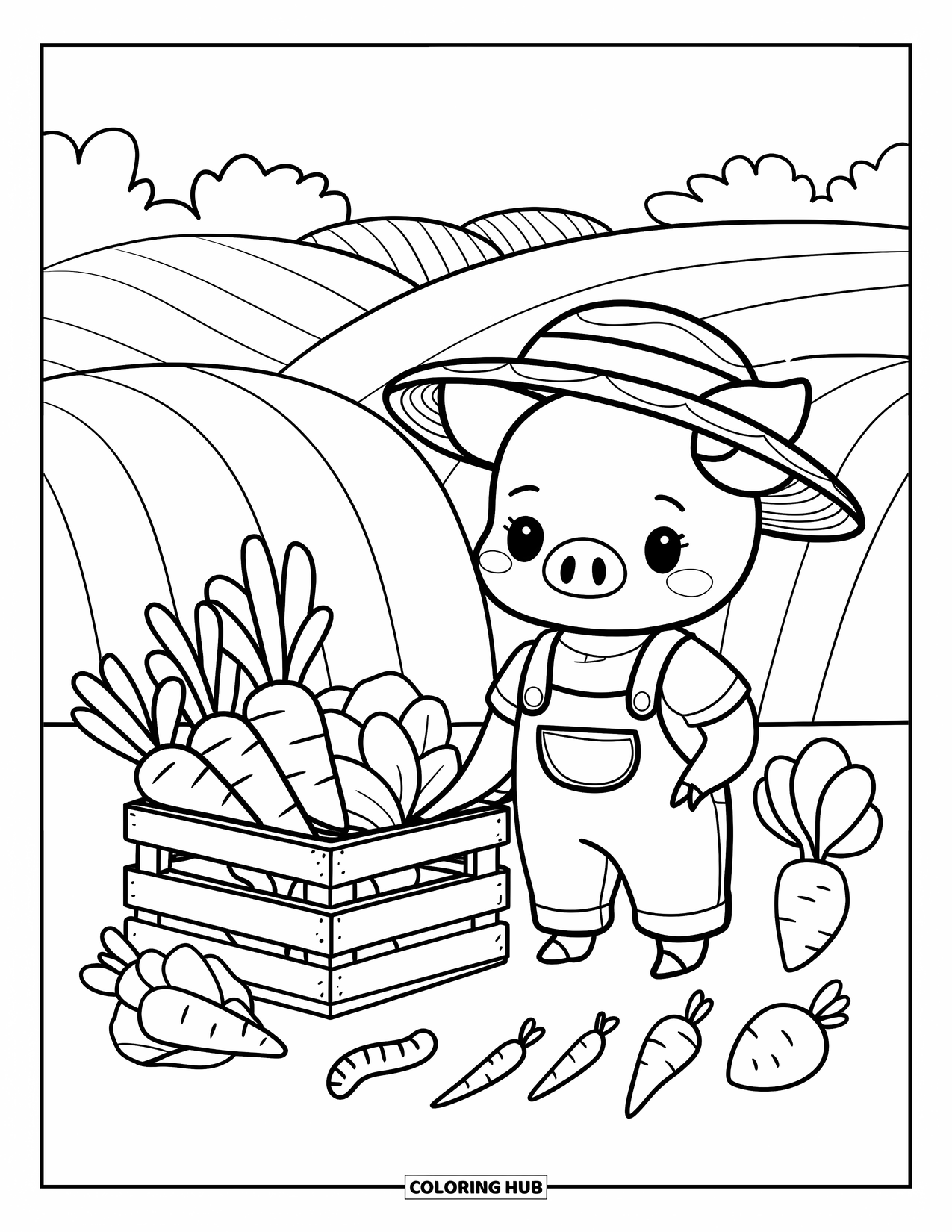 Desenho de Porco para Colorir para Adultos: Um leitão alegre segurando uma cenoura, em pé ao lado de um engradado de vegetais