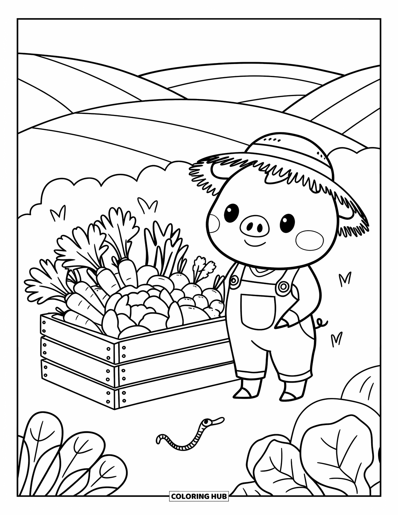 Desenho de Porco para Colorir para Adultos: Um leitão fazendeiro ao lado de um engradado de vegetais frescos com uma pequena minhoca por perto