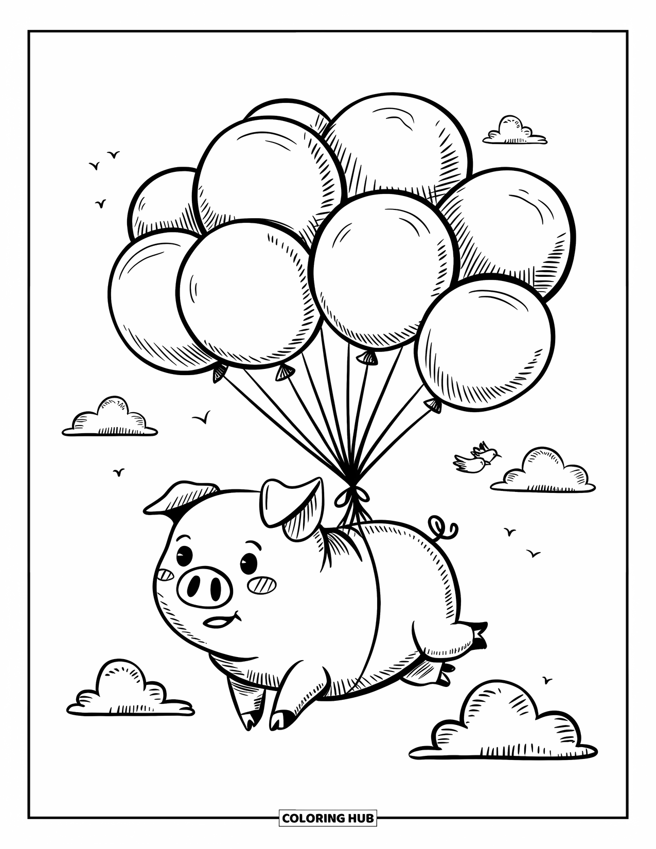Desenho de Porco para Colorir para Adultos: Um porco voador segurando balões grandes demais, flutuando entre nuvens fofas