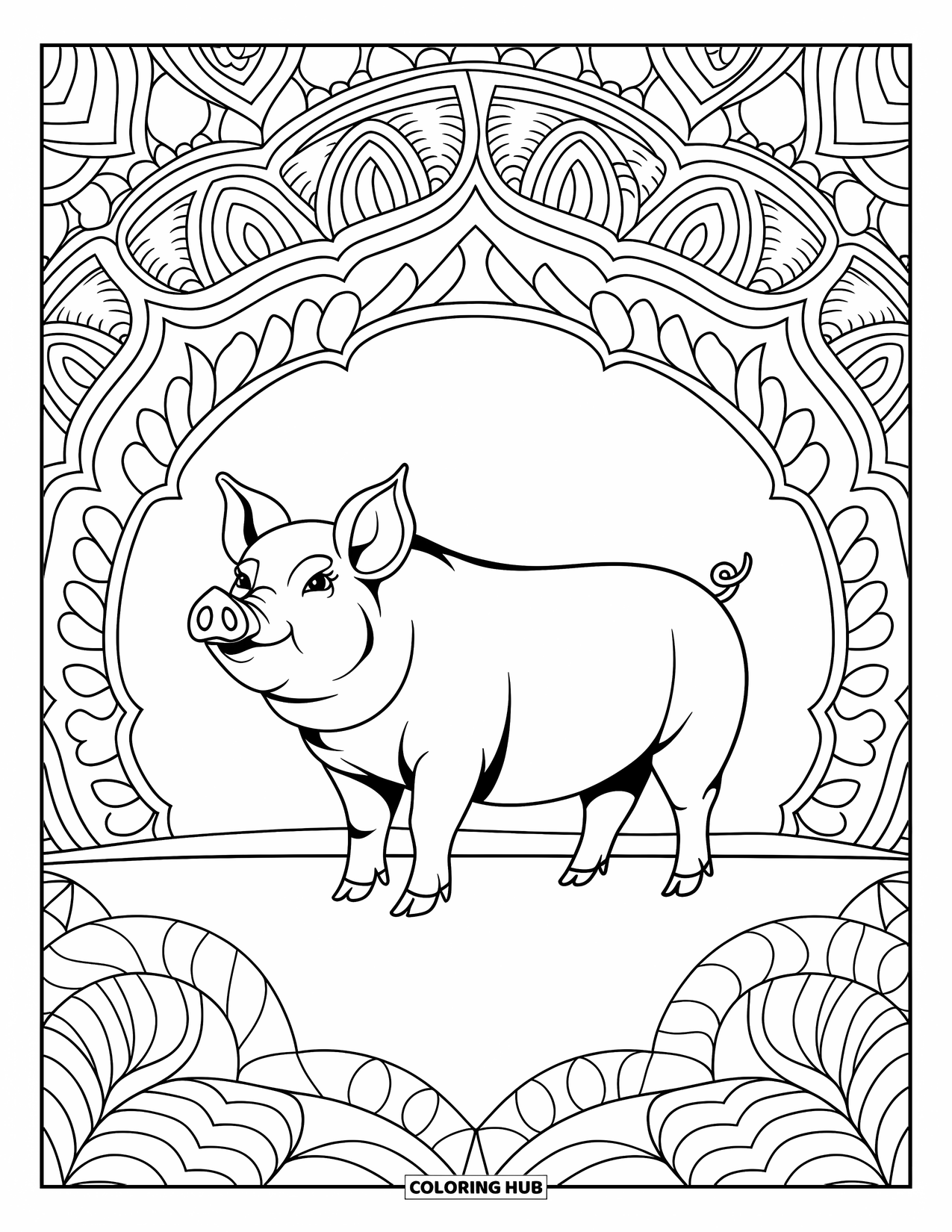 Desenho de porco para colorir para adultos: Um porco majestoso em um cenário de fazenda detalhado com redemoinhos e padrões artísticos