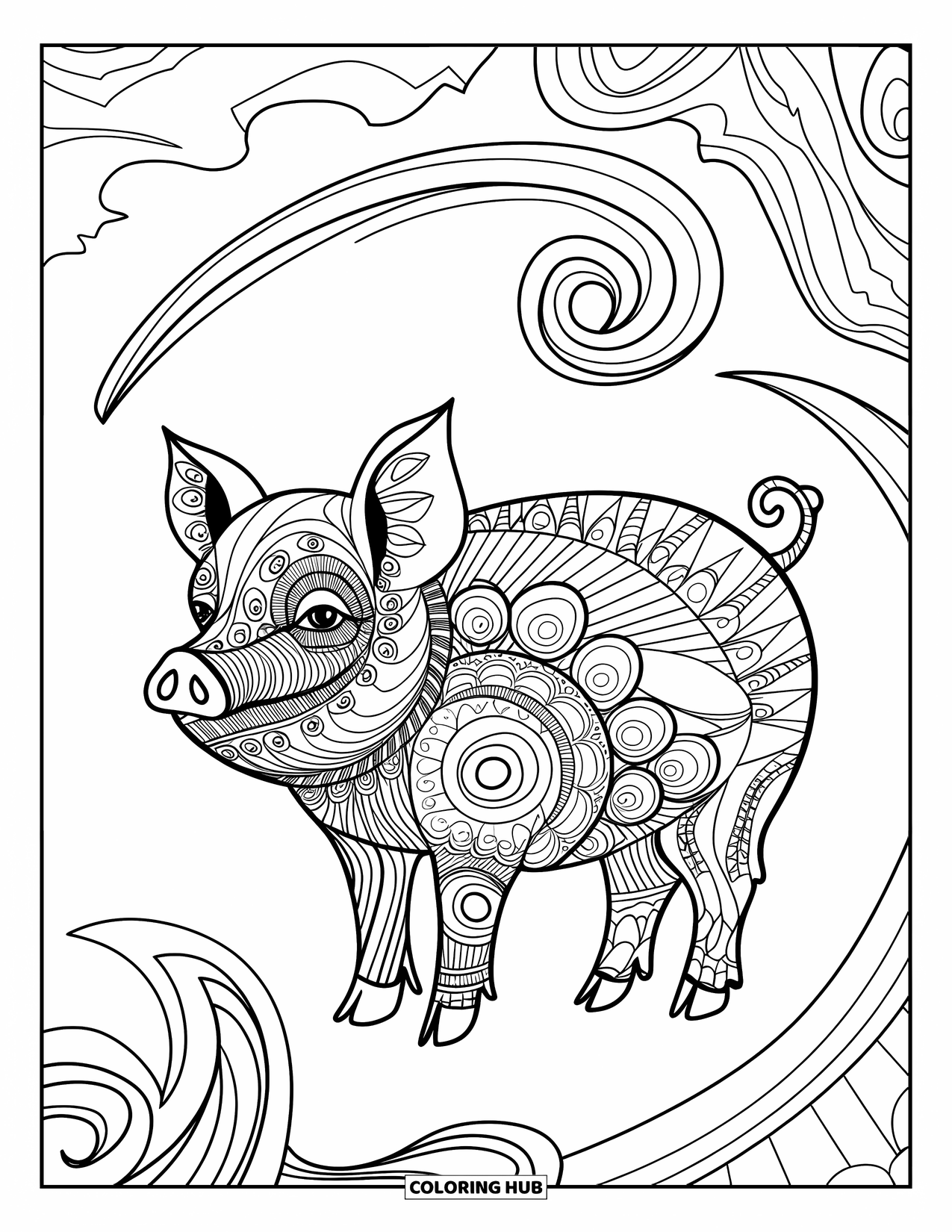Desenho de Porco para Colorir para Adultos: Um porco estampado senta em um mar de desenhos zentangle giratórios e formas abstratas