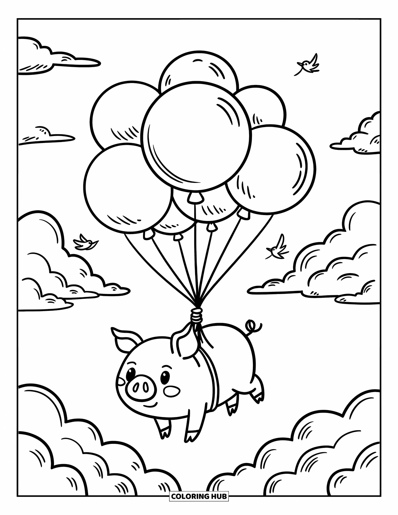 Desenho de Porco para Colorir para Adultos: Um porco flutuando no céu, carregado por um monte de balões grandes