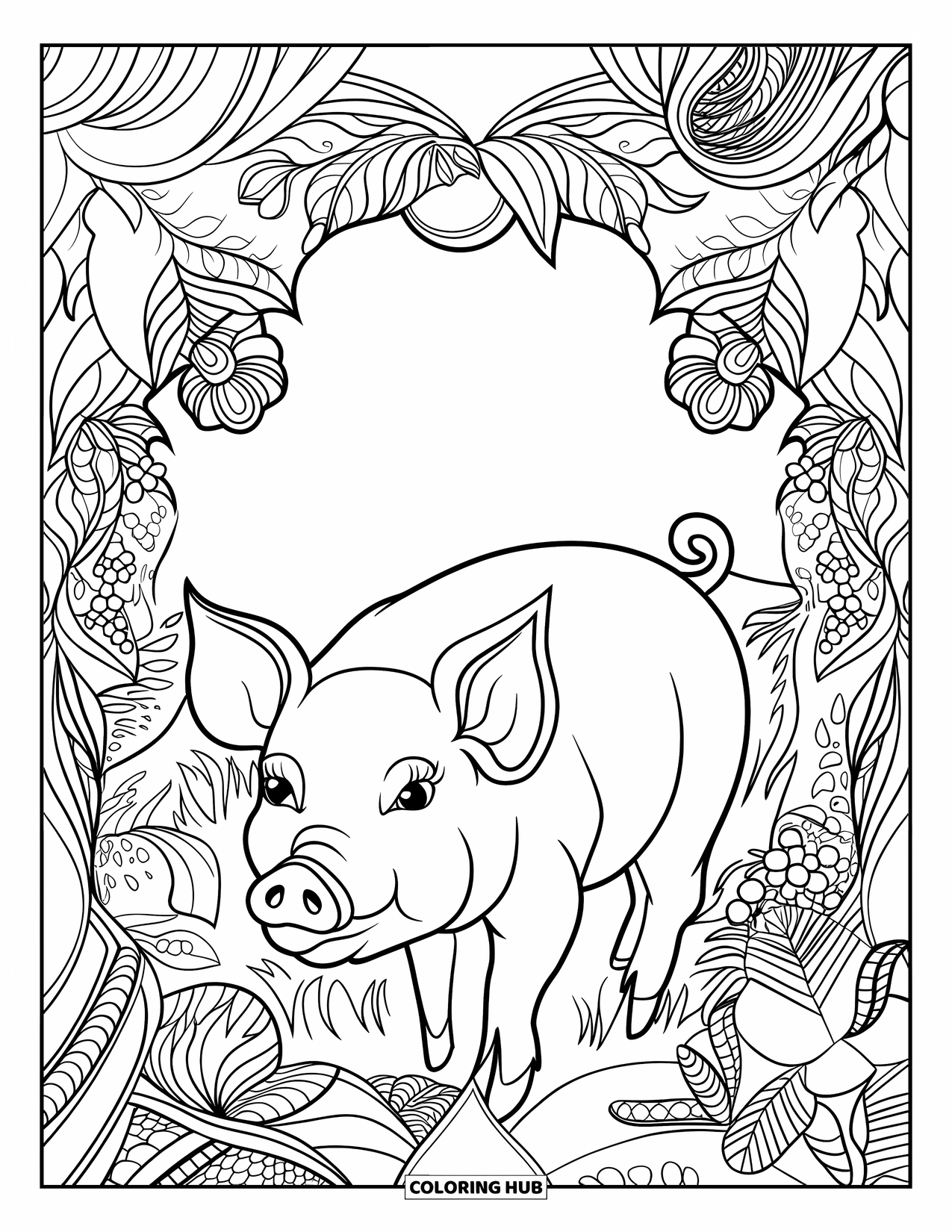 Desenho de Porco para Colorir para Adultos: Um porco em um jardim mágico cheio de flores delicadas, trepadeiras e elementos decorativos