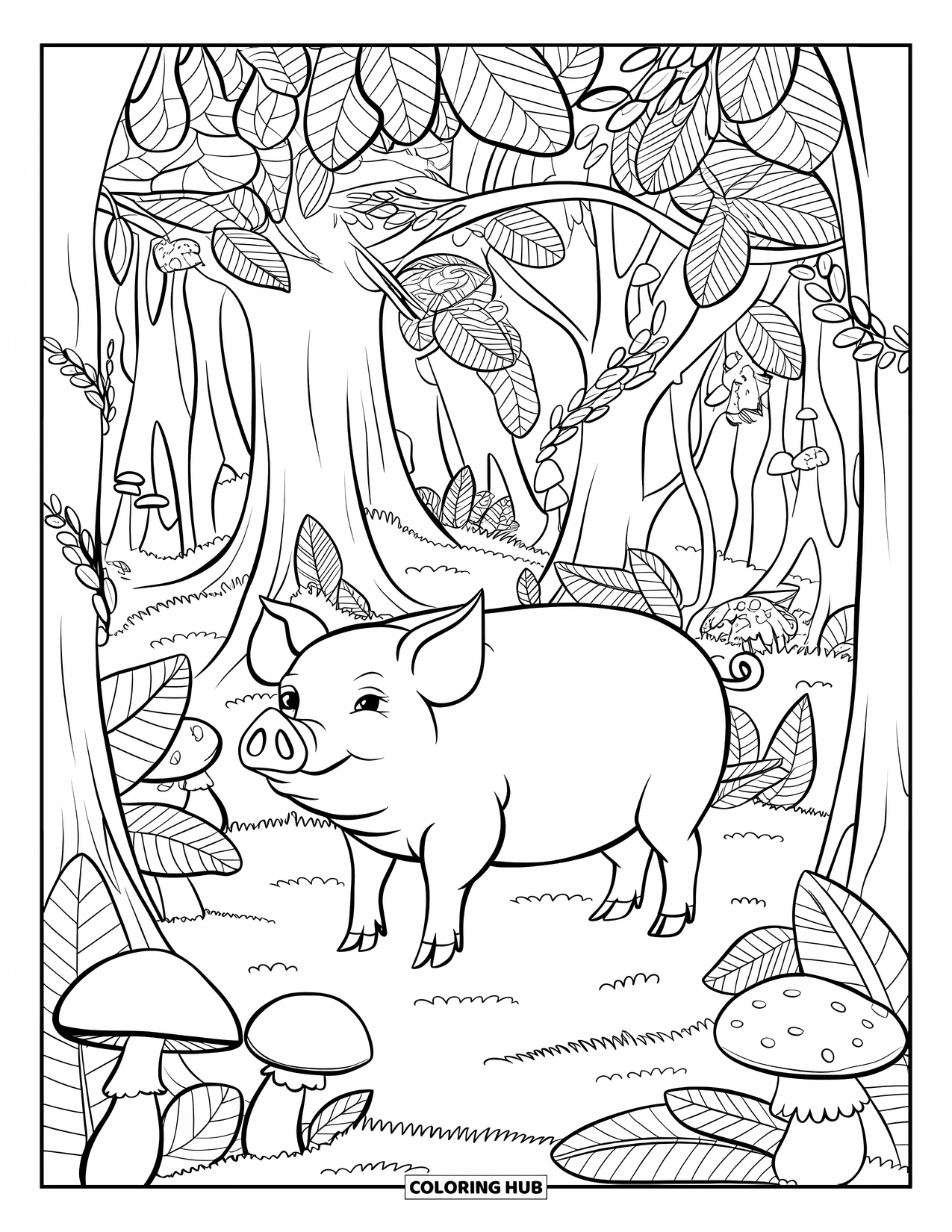 Desenho de porco para colorir para adultos: Um porco em uma floresta intrincada com cogumelos e trepadeiras, cercado por ilhas flutuantes